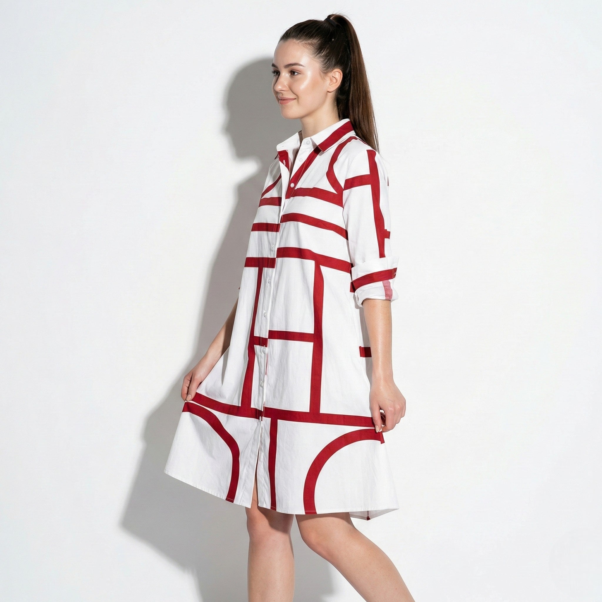 Emily - Women's Mini Shirt Dress with Button Front and Geometric Print - Mode Femme Robe - Red - Taylor & Bennett
