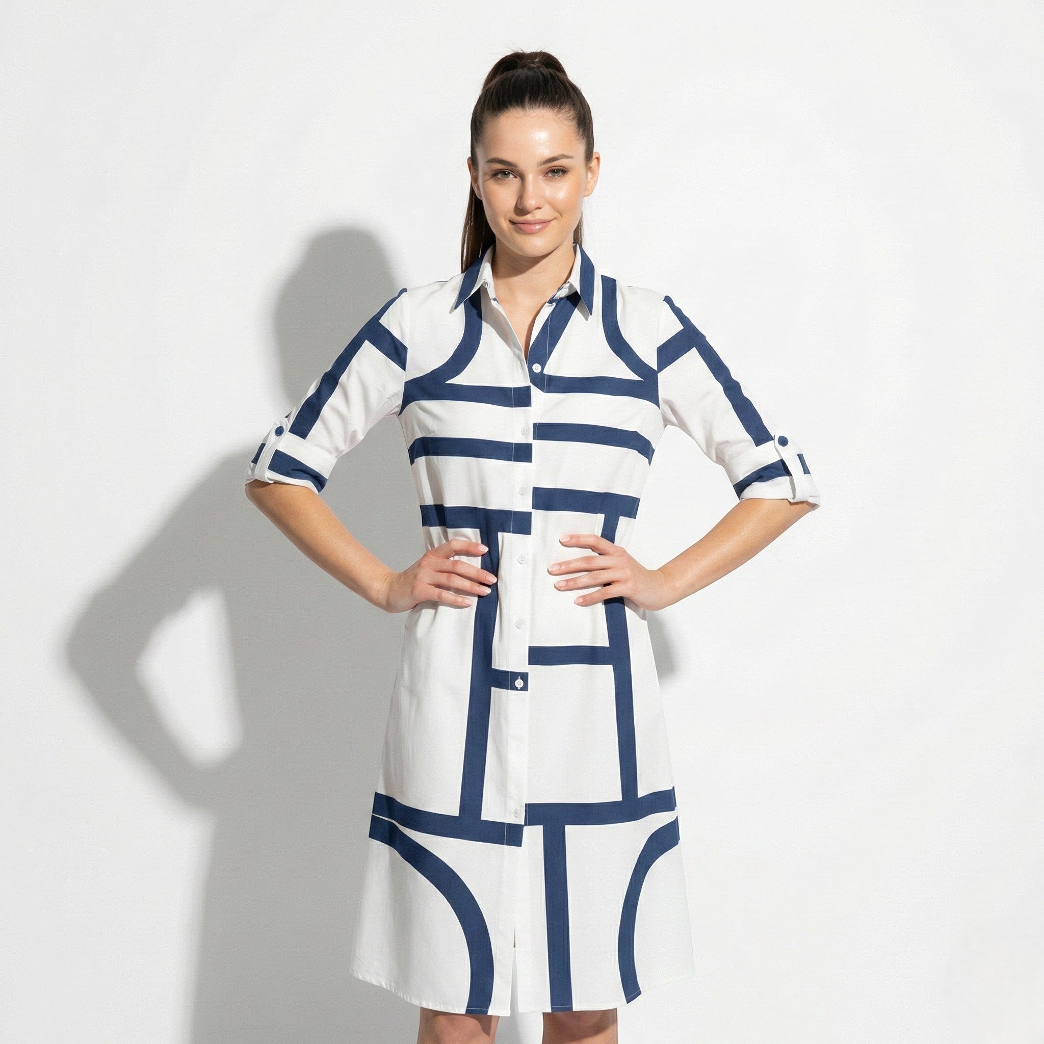 Emily - Women's Mini Shirt Dress with Button Front and Geometric Print - Mode Femme Robe - Blue - Taylor & Bennett