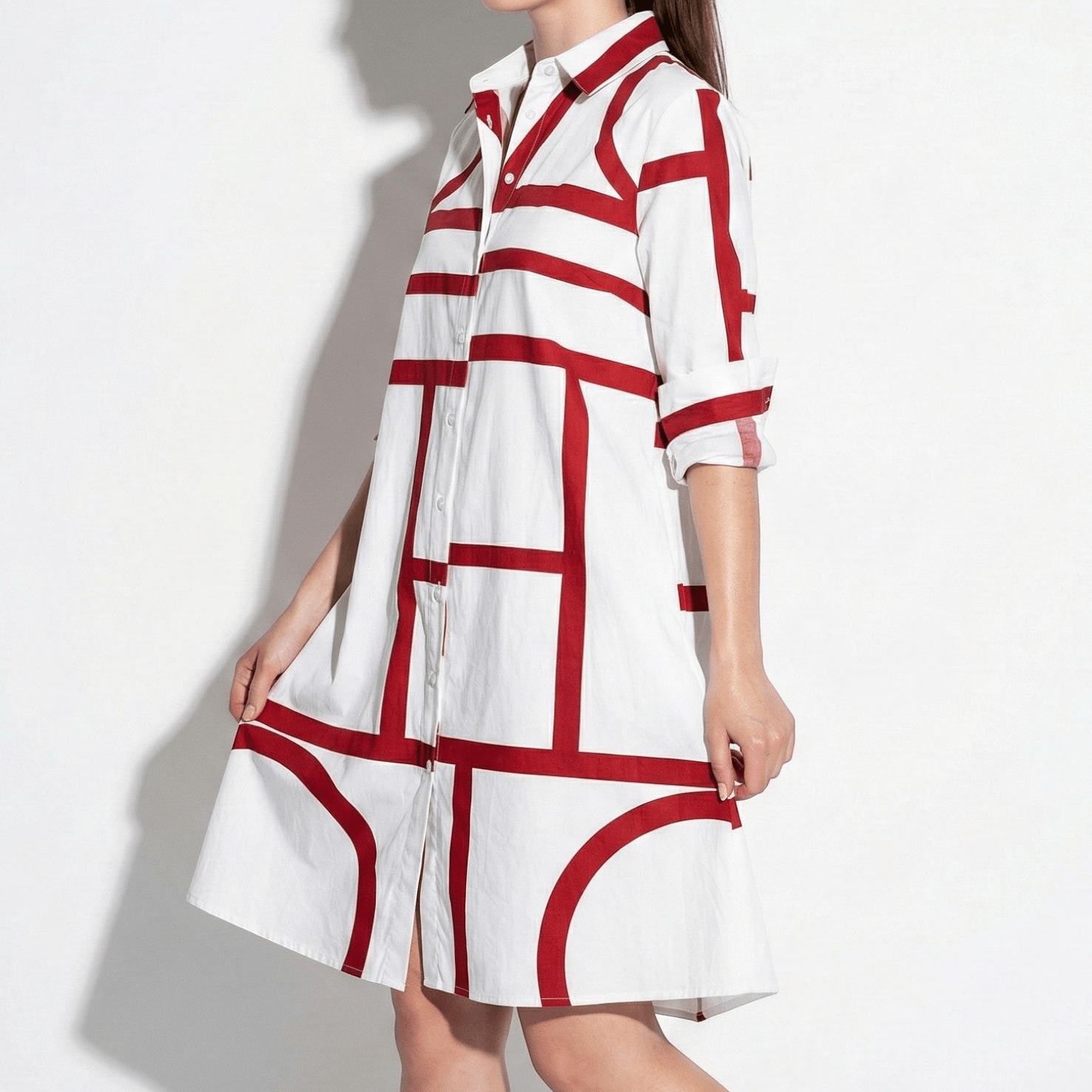 Emily - Women's Mini Shirt Dress with Button Front and Geometric Print - Mode Femme Robe - Red - Taylor & Bennett