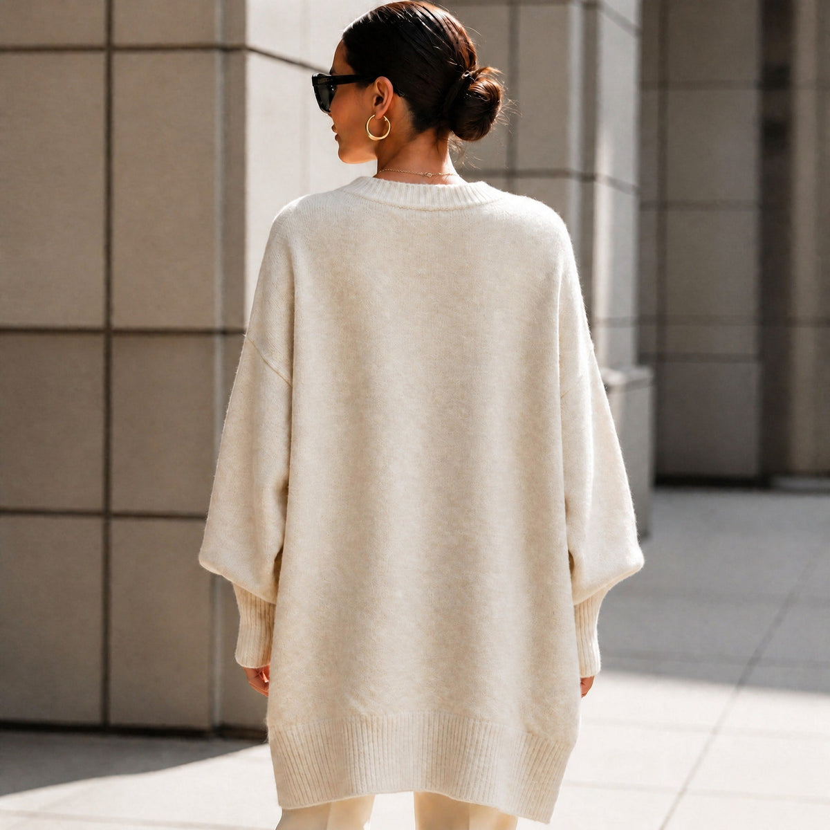 Emma - Women's Oversized Ribbed Cuff Knit Jumper - Sweaters - Beige - Taylor & Bennett