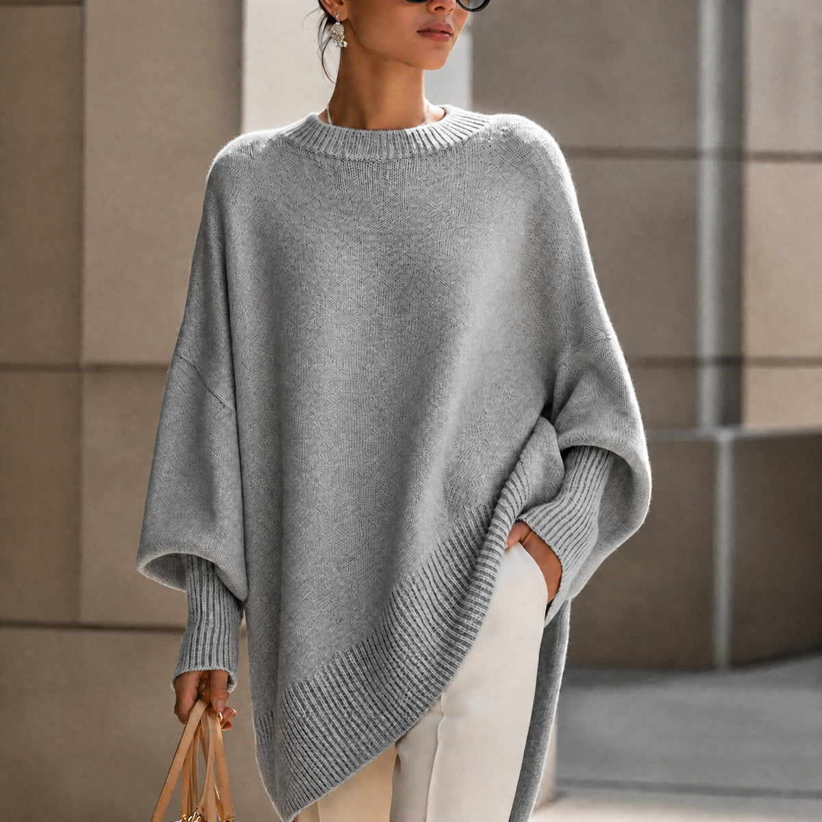 Emma - Women's Oversized Ribbed Cuff Knit Jumper - Sweaters - Grey - Taylor & Bennett
