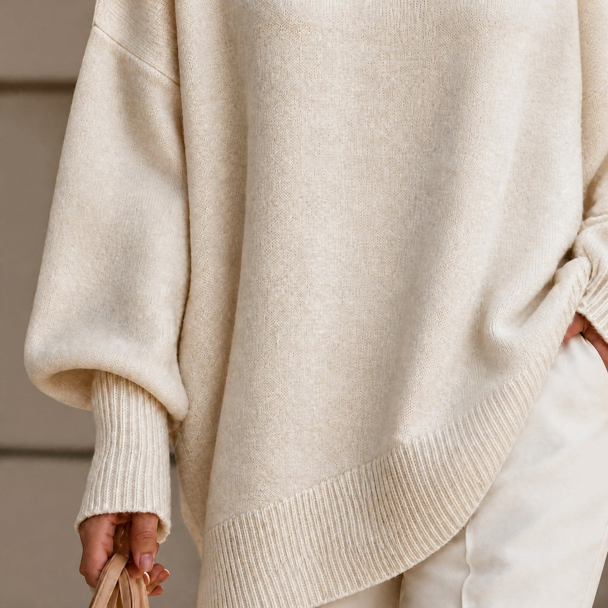 Emma - Women's Oversized Ribbed Cuff Knit Jumper - Sweaters - Beige - Taylor & Bennett