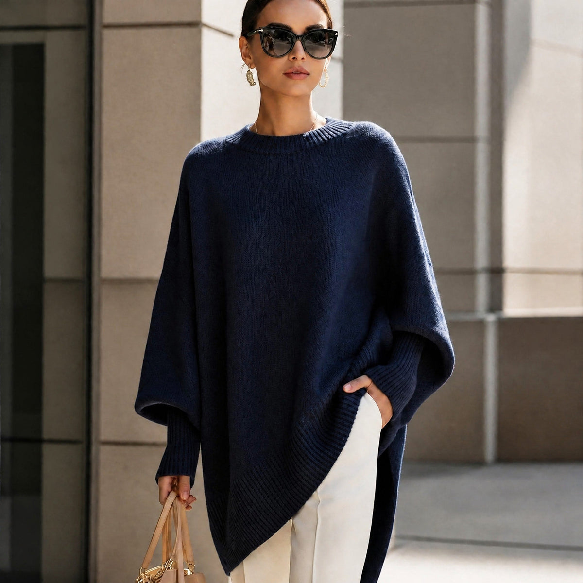 Emma - Women's Oversized Ribbed Cuff Knit Jumper - Sweaters - Navy Blue - Taylor & Bennett