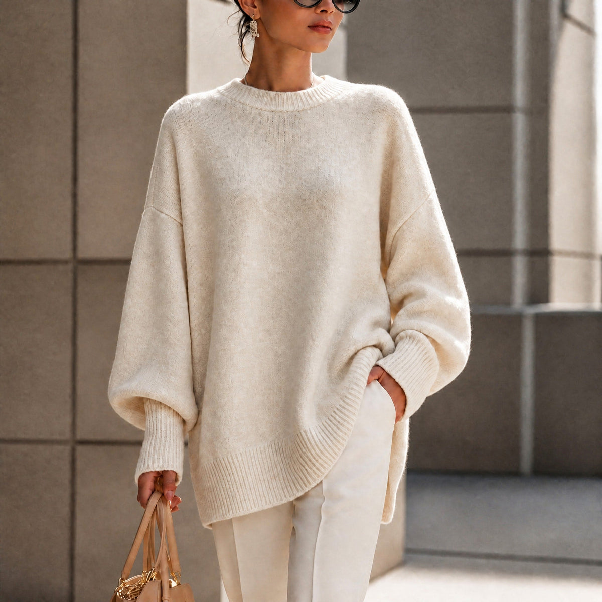 Emma - Women's Oversized Ribbed Cuff Knit Jumper - Sweaters - Beige - Taylor & Bennett