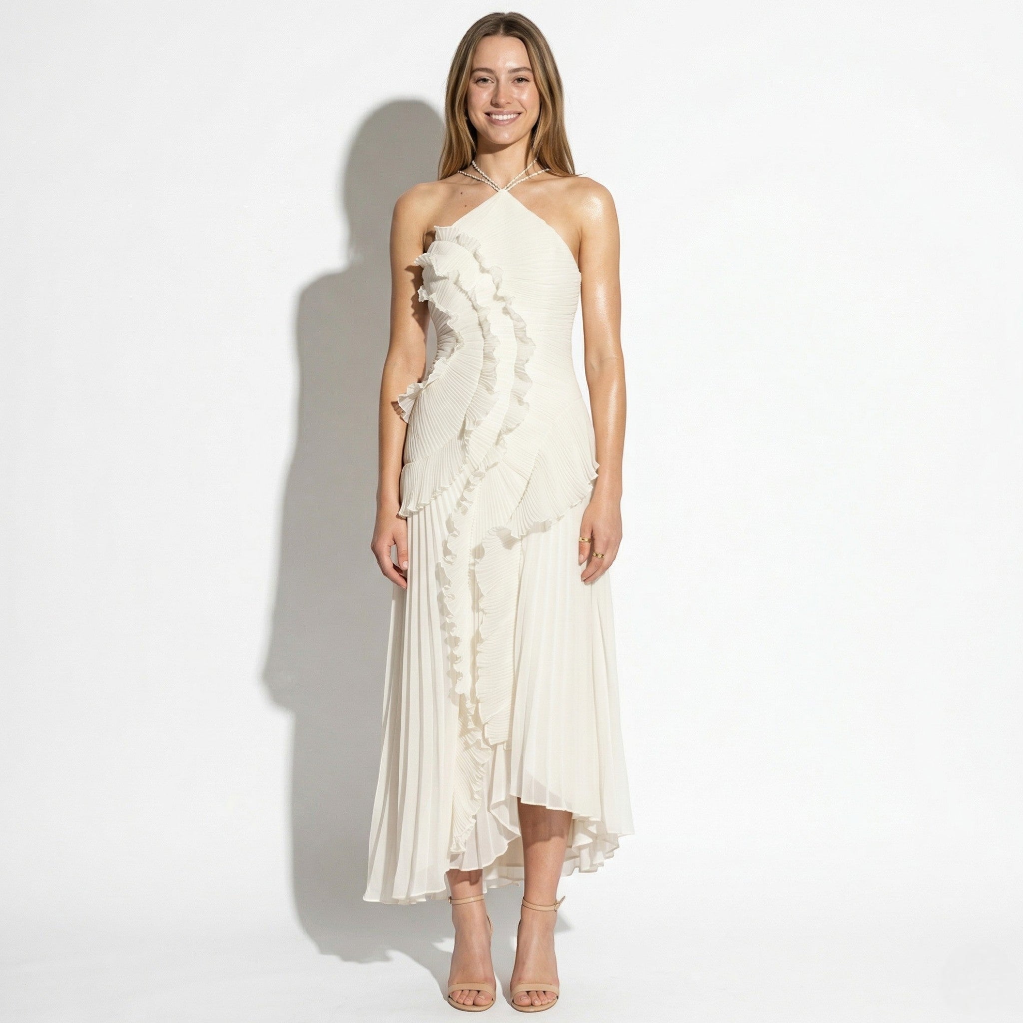 Emma - Women's Ruffle Pleated Halter Maxi Dress - Maxi Dress - White - Taylor & Bennett