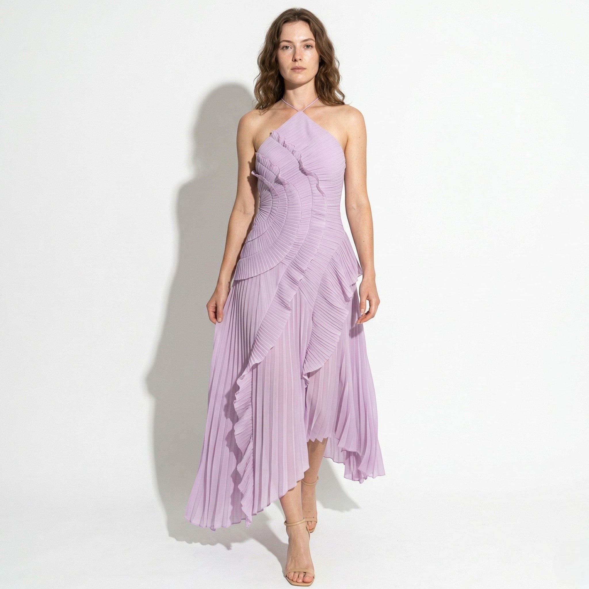 Emma - Women's Ruffle Pleated Halter Maxi Dress - Maxi Dress - Purple - Taylor & Bennett