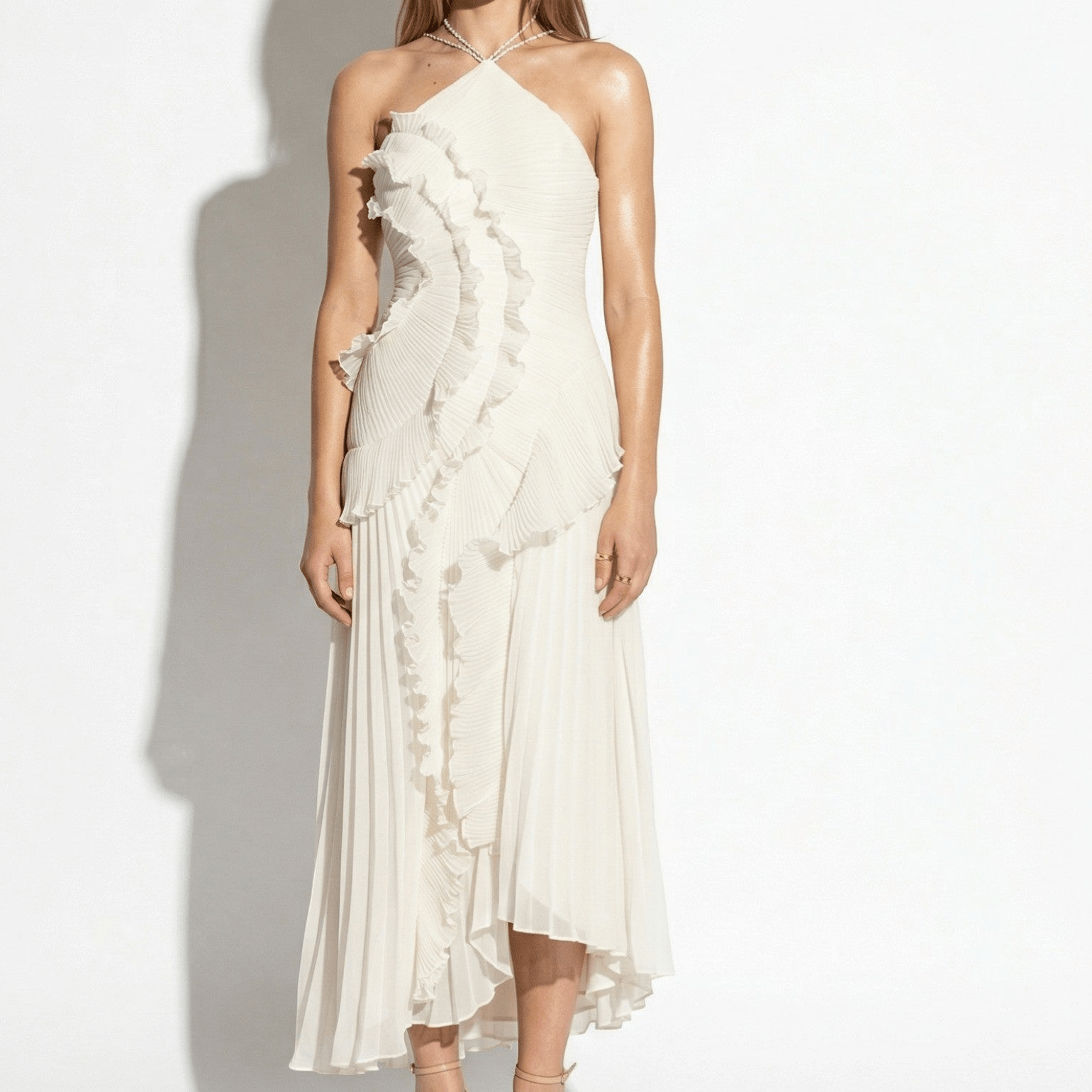 Emma - Women's Ruffle Pleated Halter Maxi Dress - Maxi Dress - White - Taylor & Bennett
