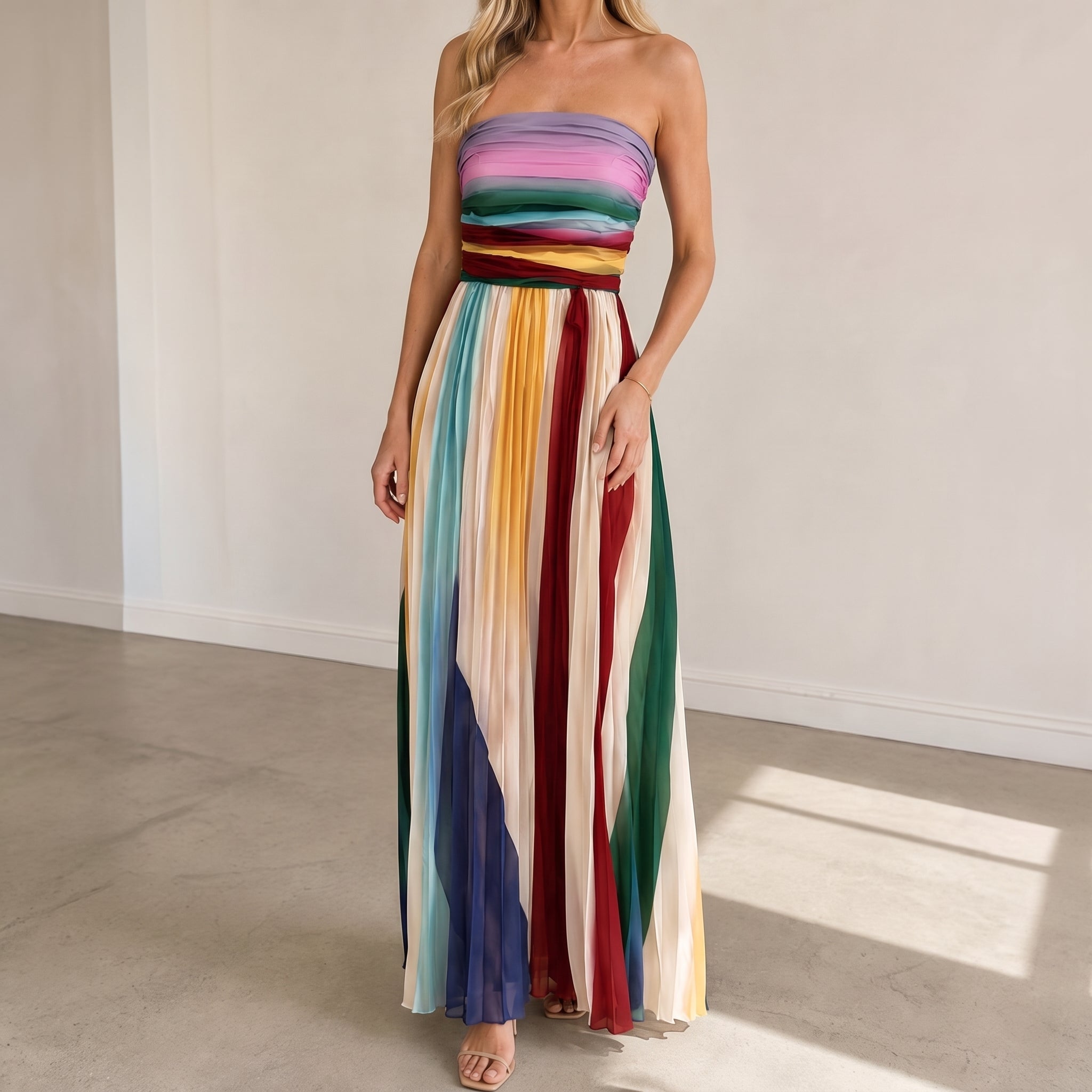 Emma – Women's Strapless Pleated Stripe Party Maxi Dress - Dresses - Cream - Taylor & Bennett