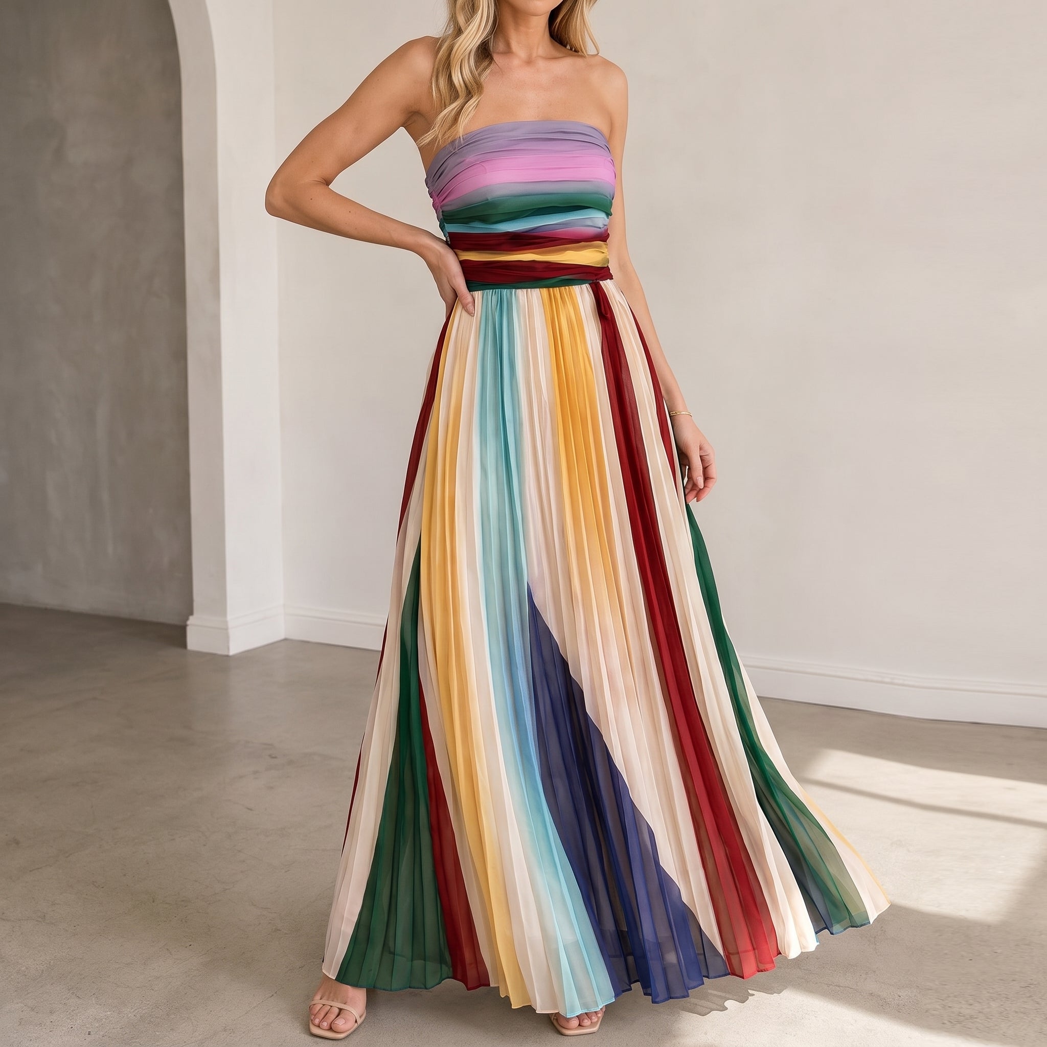 Emma – Women's Strapless Pleated Stripe Party Maxi Dress - Dresses - Cream - Taylor & Bennett