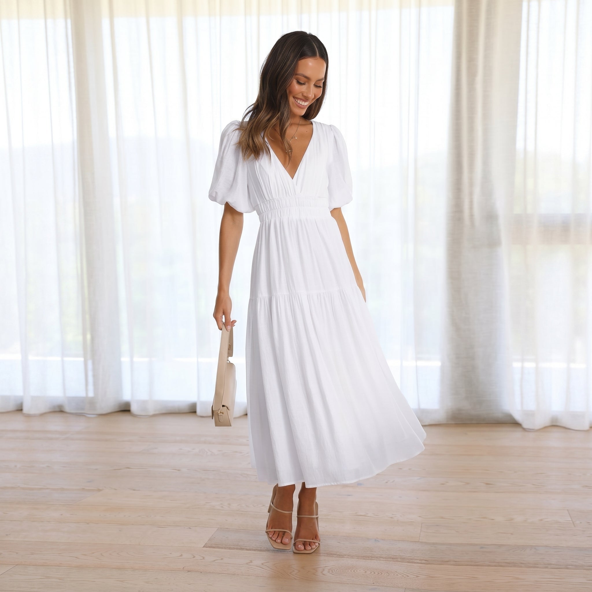 Emma - Women's Summer Smocked Waist Maxi Dress - Maxi Dresses - White - Taylor & Bennett