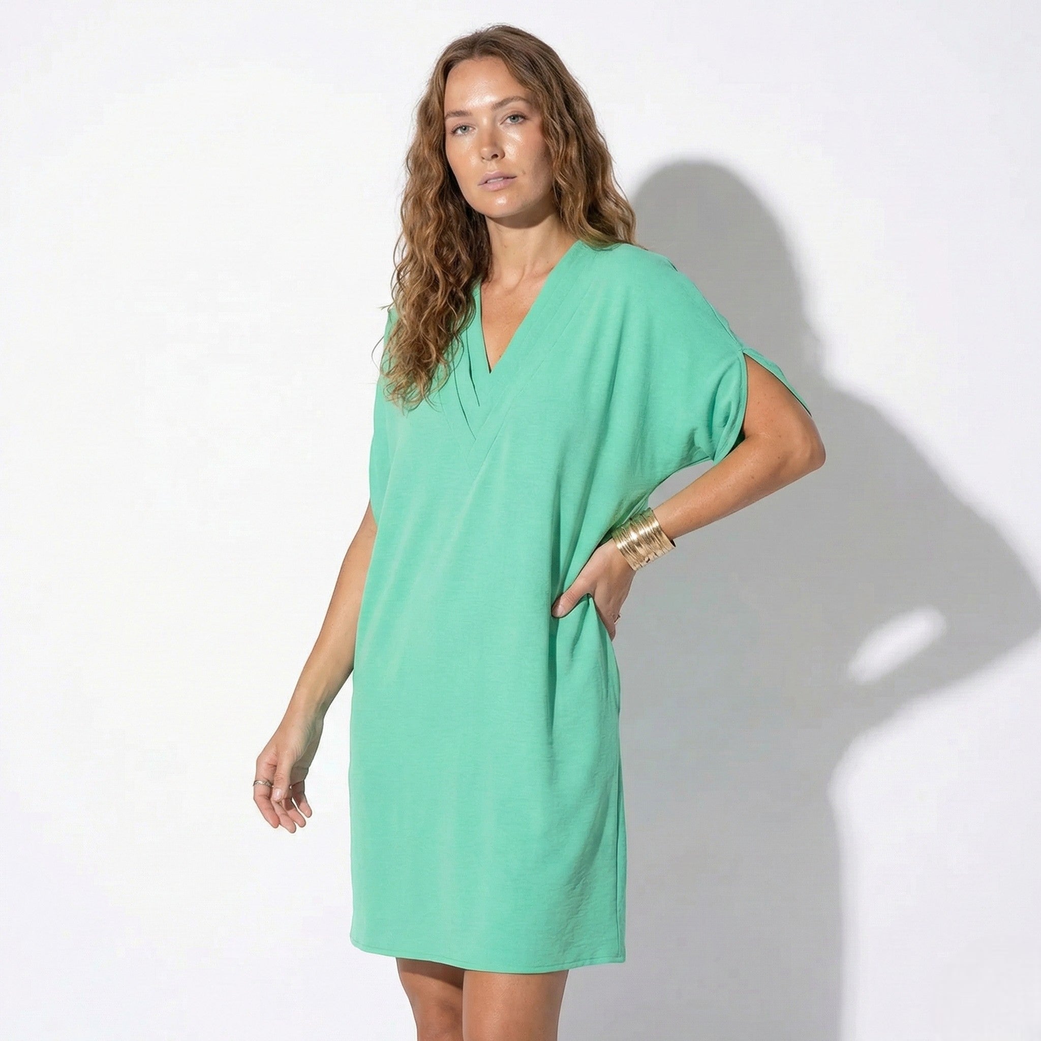 Emma - Women's V - Neck Mini Dress with Relaxed Fit and Short Sleeves - Dress - Green - Taylor & Bennett