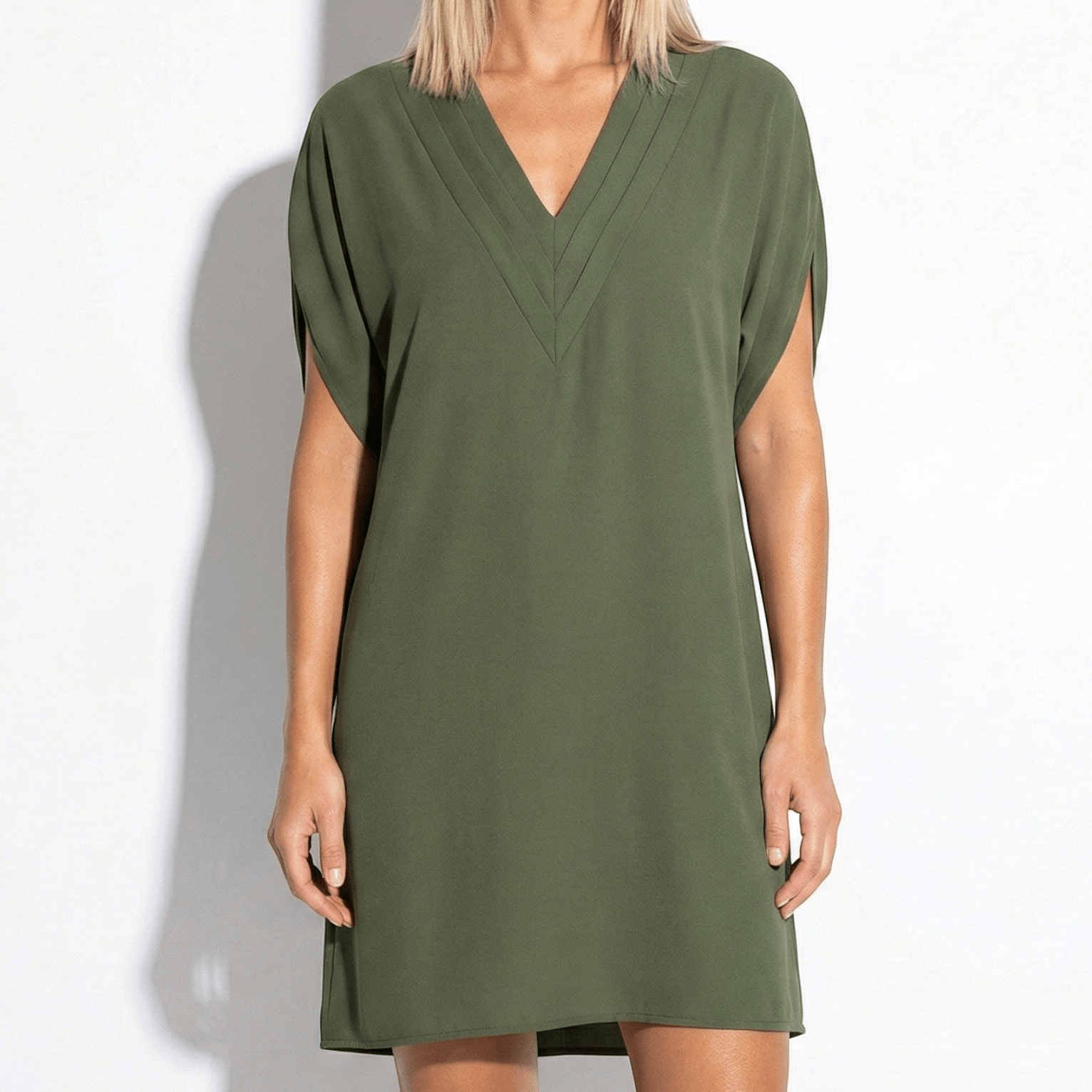 Emma - Women's V - Neck Mini Dress with Relaxed Fit and Short Sleeves - Dress - Army Green - Taylor & Bennett
