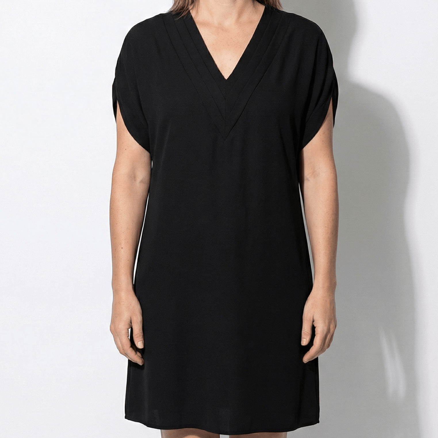 Emma - Women's V - Neck Mini Dress with Relaxed Fit and Short Sleeves - Dress - Black - Taylor & Bennett