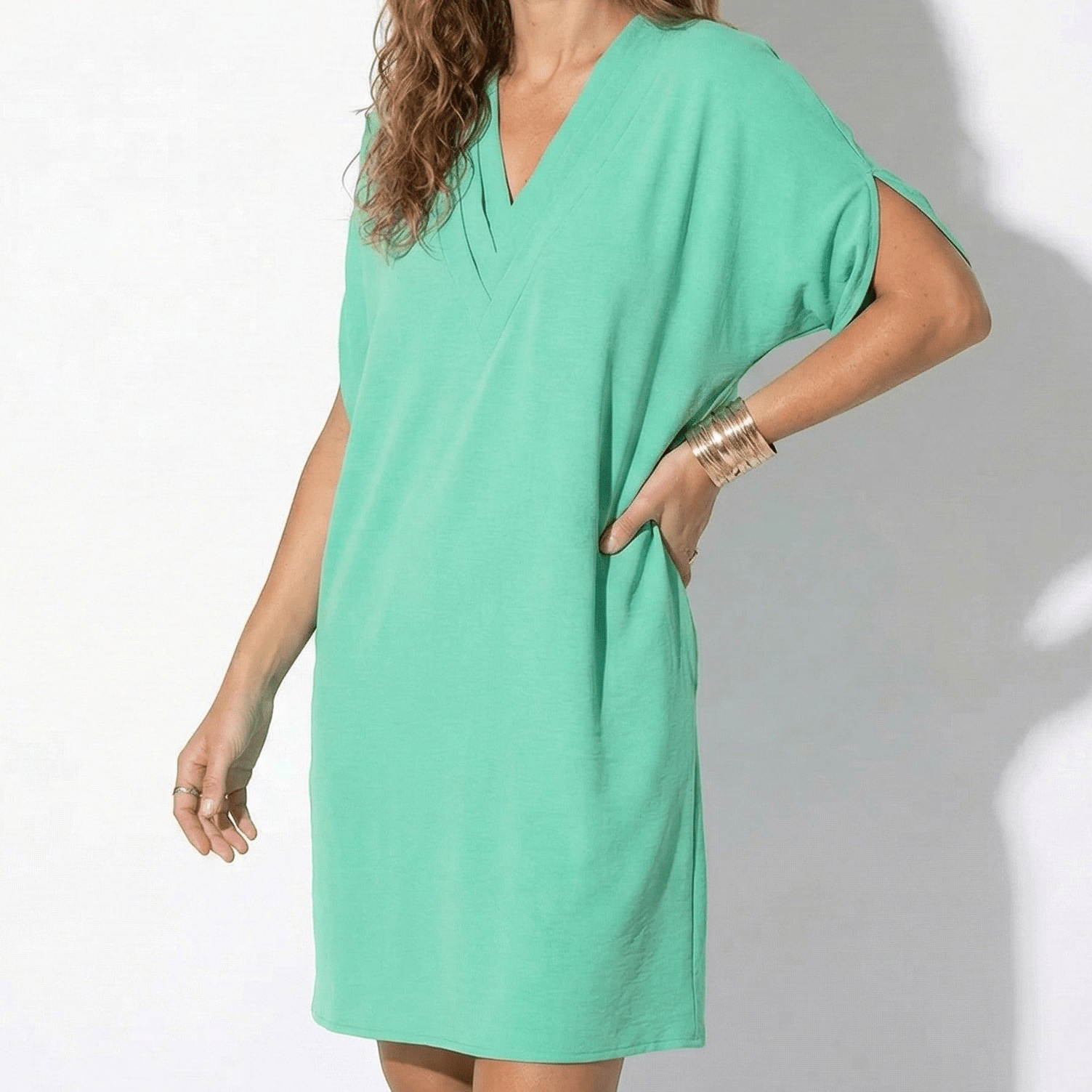 Emma - Women's V - Neck Mini Dress with Relaxed Fit and Short Sleeves - Dress - Green - Taylor & Bennett