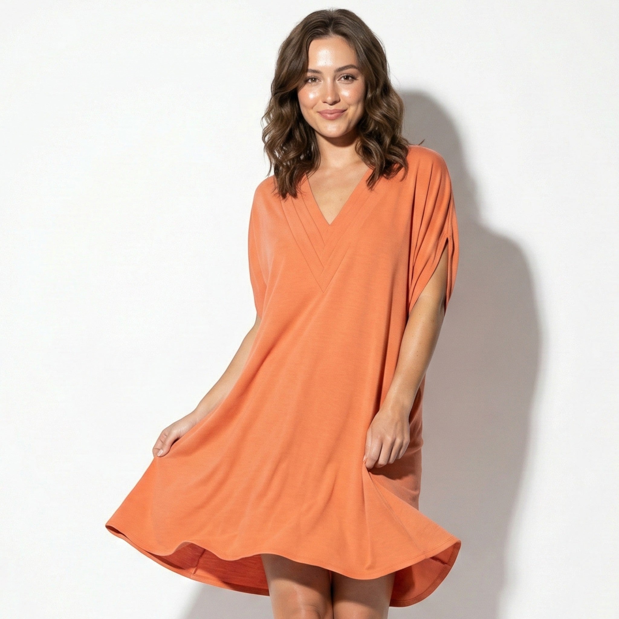 Emma - Women's V - Neck Mini Dress with Relaxed Fit and Short Sleeves - Dress - Orange - Taylor & Bennett