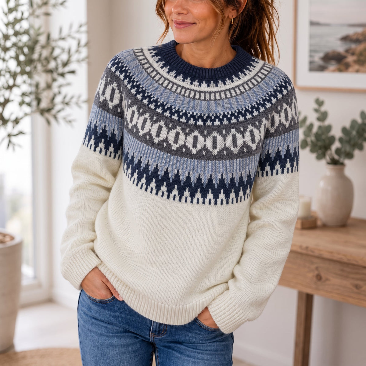 Estelle - Women's Fair Isle Round Neck Knitted Jumper with Ribbed Trim - Sweaters - White - Taylor & Bennett