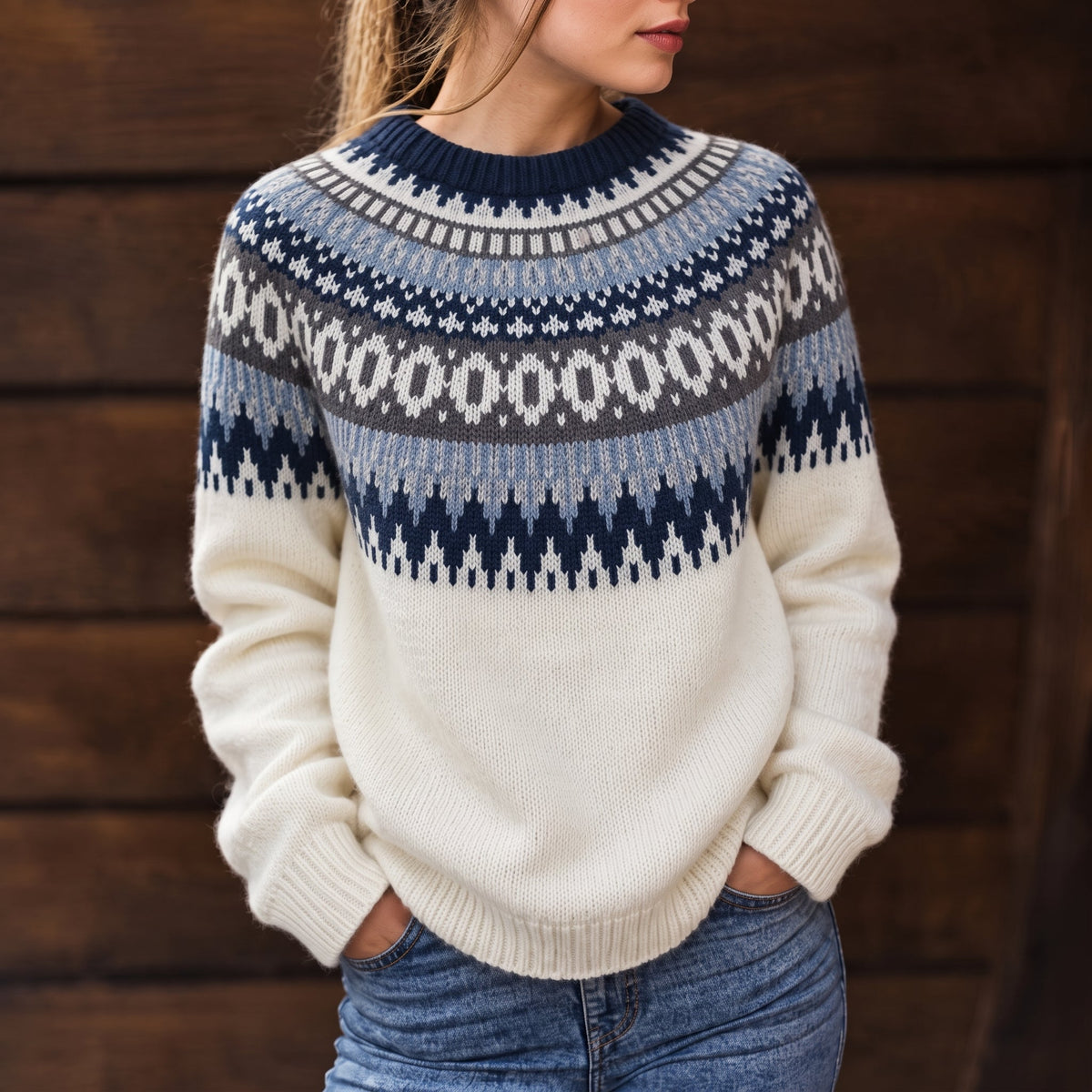 Estelle - Women's Fair Isle Round Neck Knitted Jumper with Ribbed Trim - Sweaters - White - Taylor & Bennett