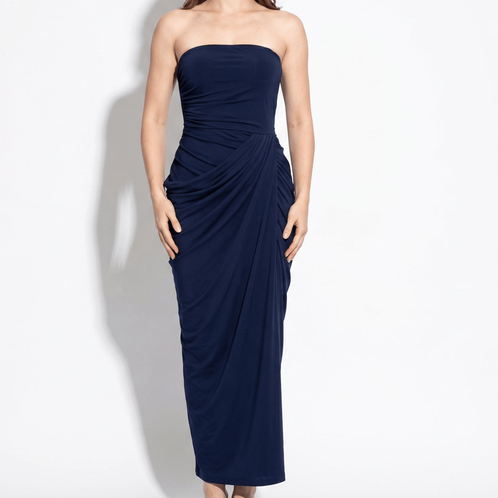 Eva - Women's Strapless Ruched Bridesmaid Maxi Dress - Maxi Dresses - Dark Blue - Taylor & Bennett