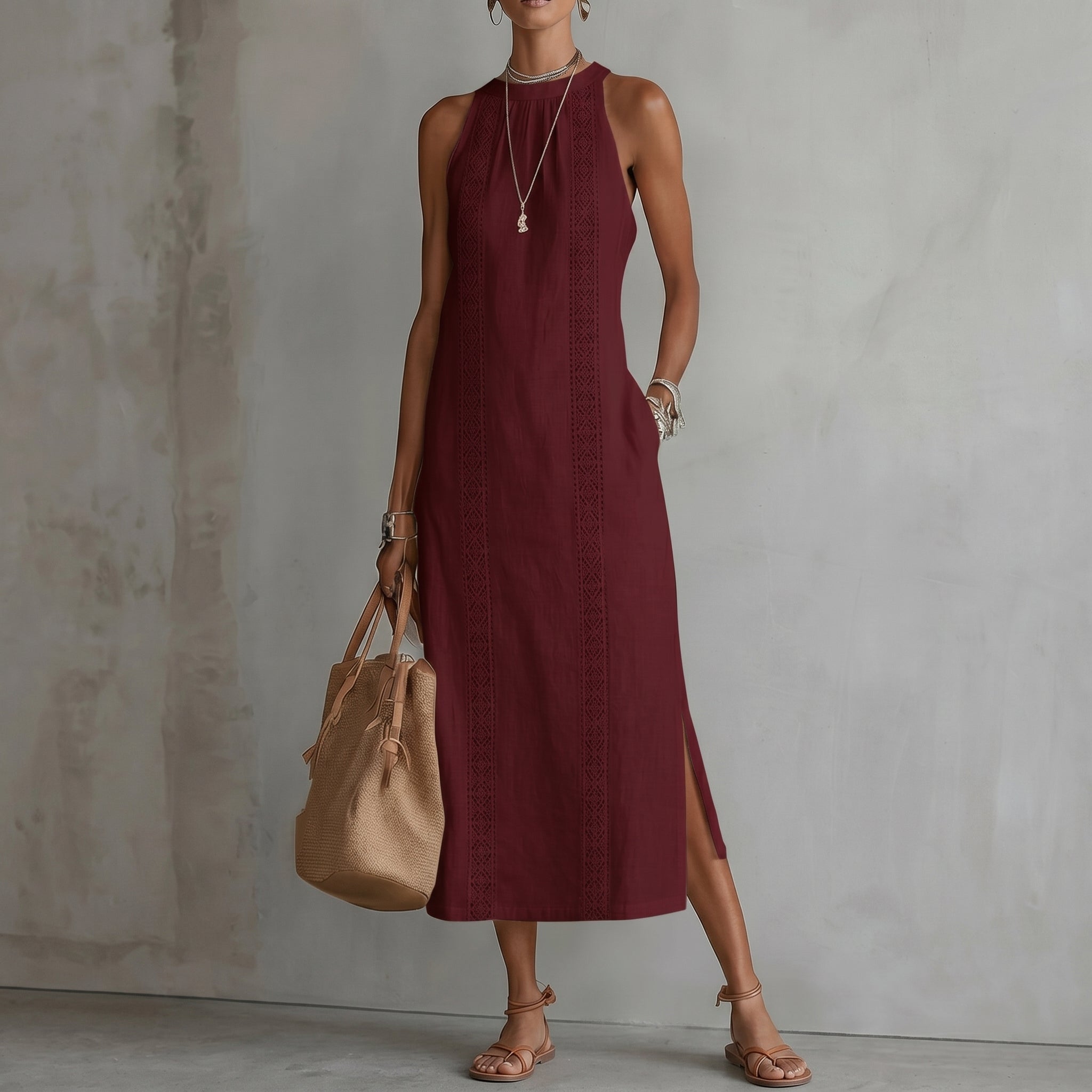 Evelin - Women's Summer Lace Panel Side Split Maxi Dress - Maxi Dress - Red - Taylor & Bennett