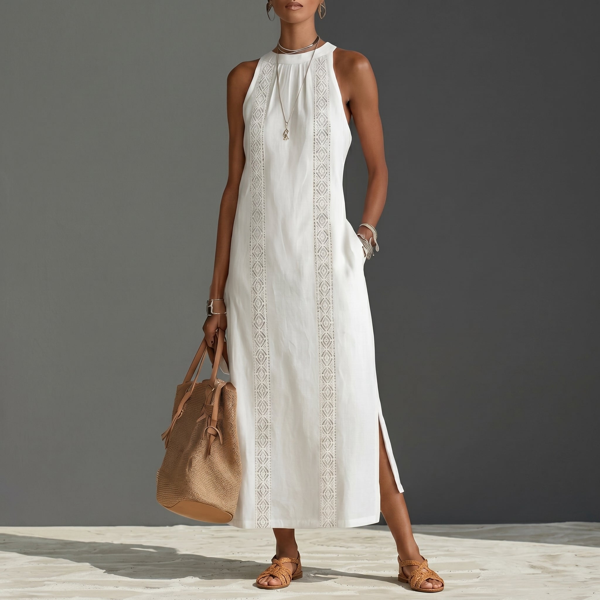 Evelin - Women's Summer Lace Panel Side Split Maxi Dress - Maxi Dress - White - Taylor & Bennett