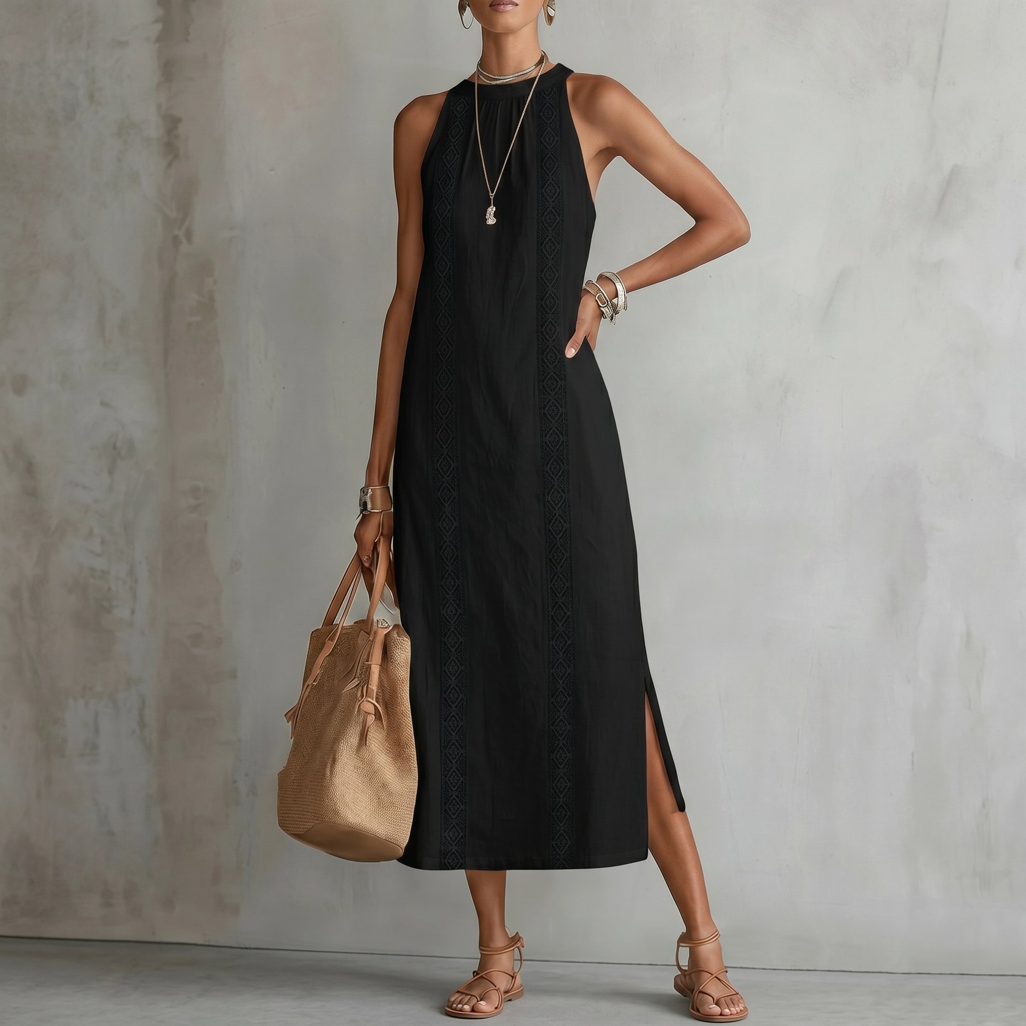 Evelin - Women's Summer Lace Panel Side Split Maxi Dress - Maxi Dress - Black - Taylor & Bennett