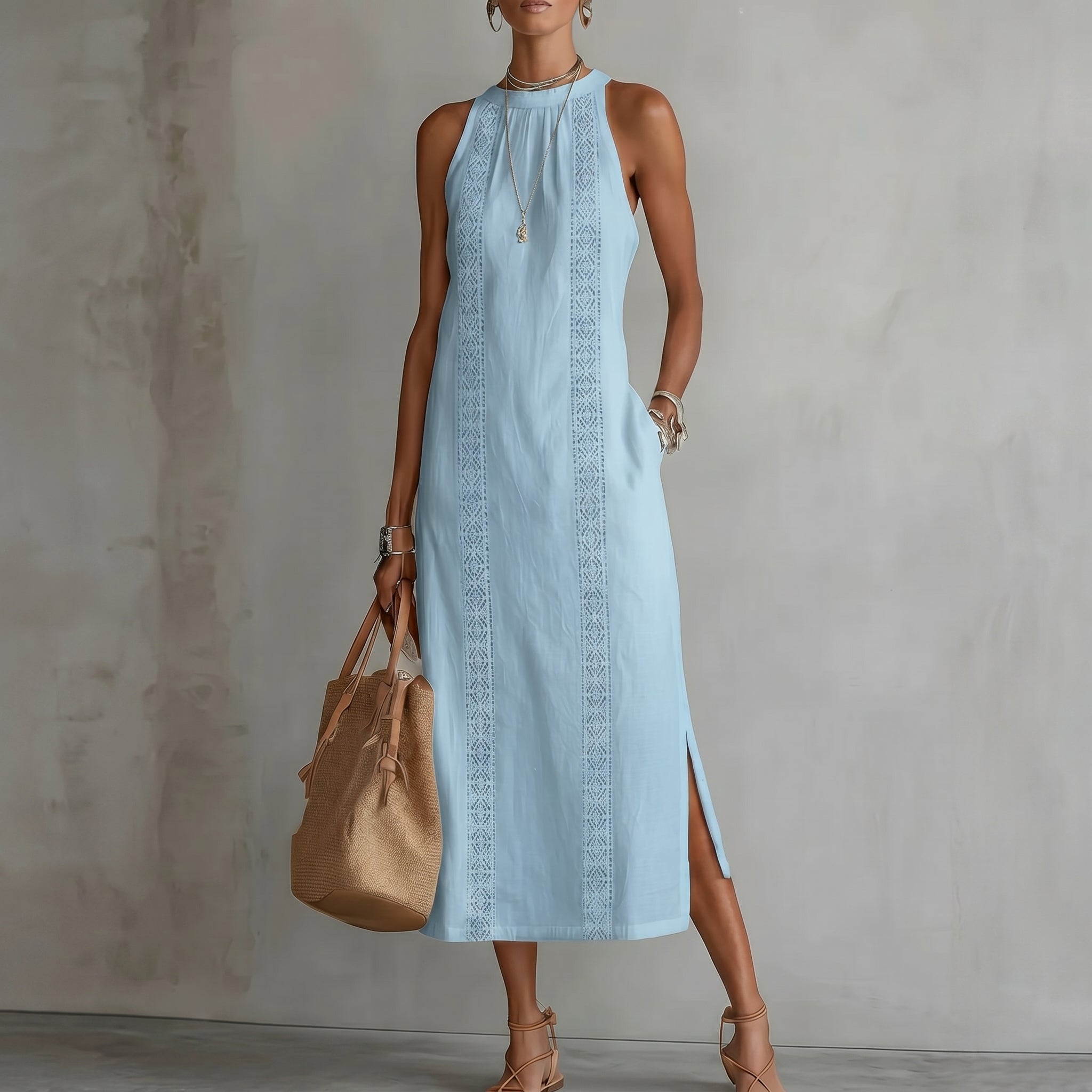 Evelin - Women's Summer Lace Panel Side Split Maxi Dress - Maxi Dress - Blue - Taylor & Bennett