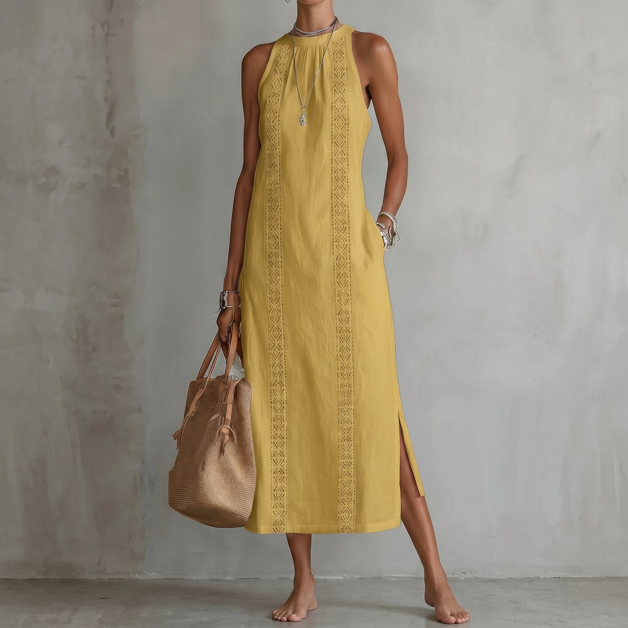 Evelin - Women's Summer Lace Panel Side Split Maxi Dress - Maxi Dress - Yellow - Taylor & Bennett