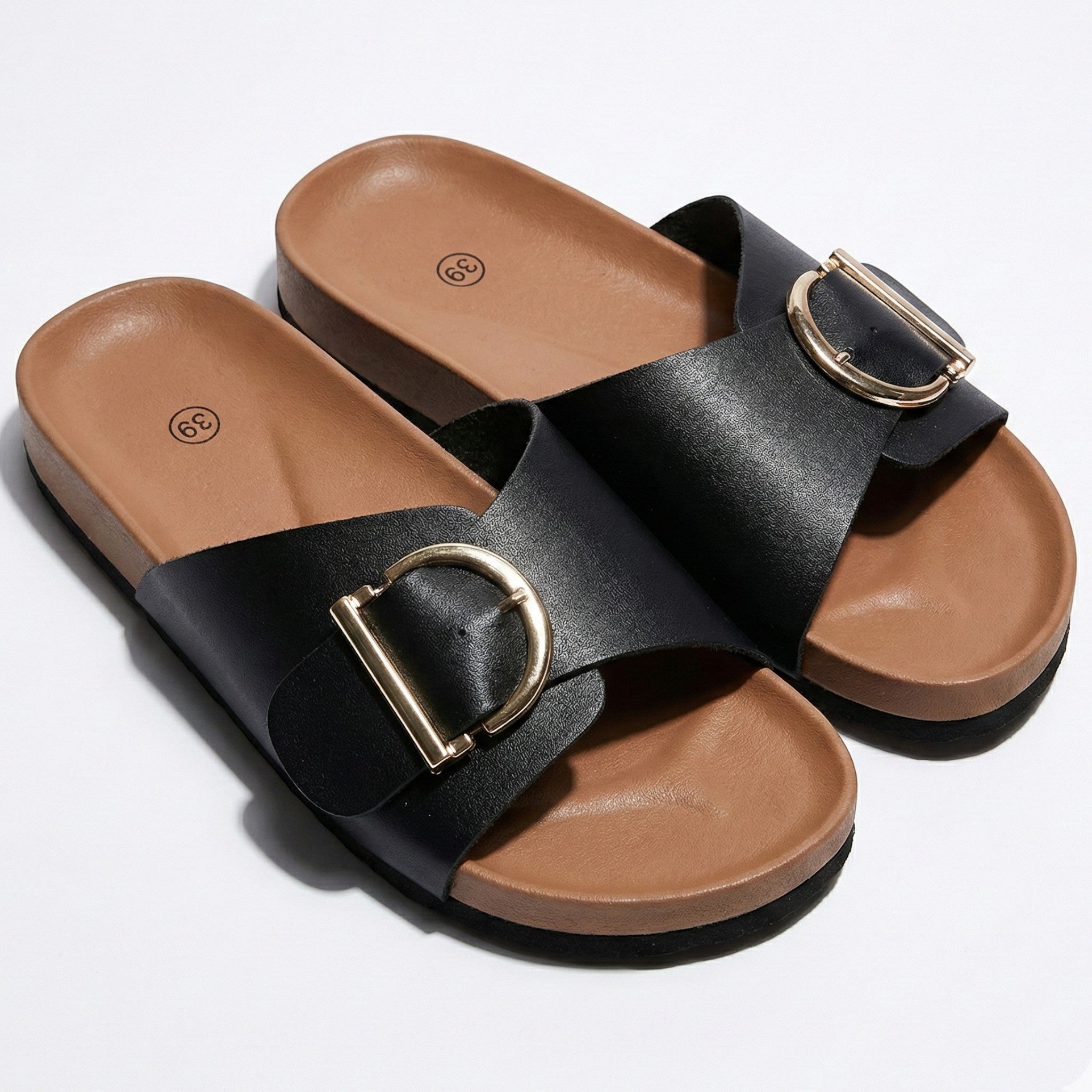 Evie - Women's Cork Mules with Buckle Strap Sandals - Sandals - Black - Taylor & Bennett