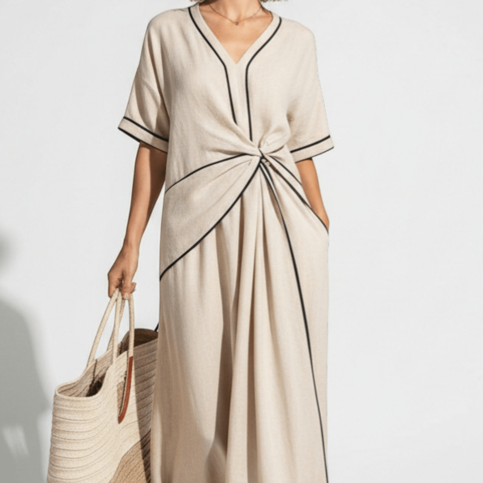 Evie - Women's Loose V - Neck Maxi Dress with Contrast Trim - Dress - Apricot - Taylor & Bennett