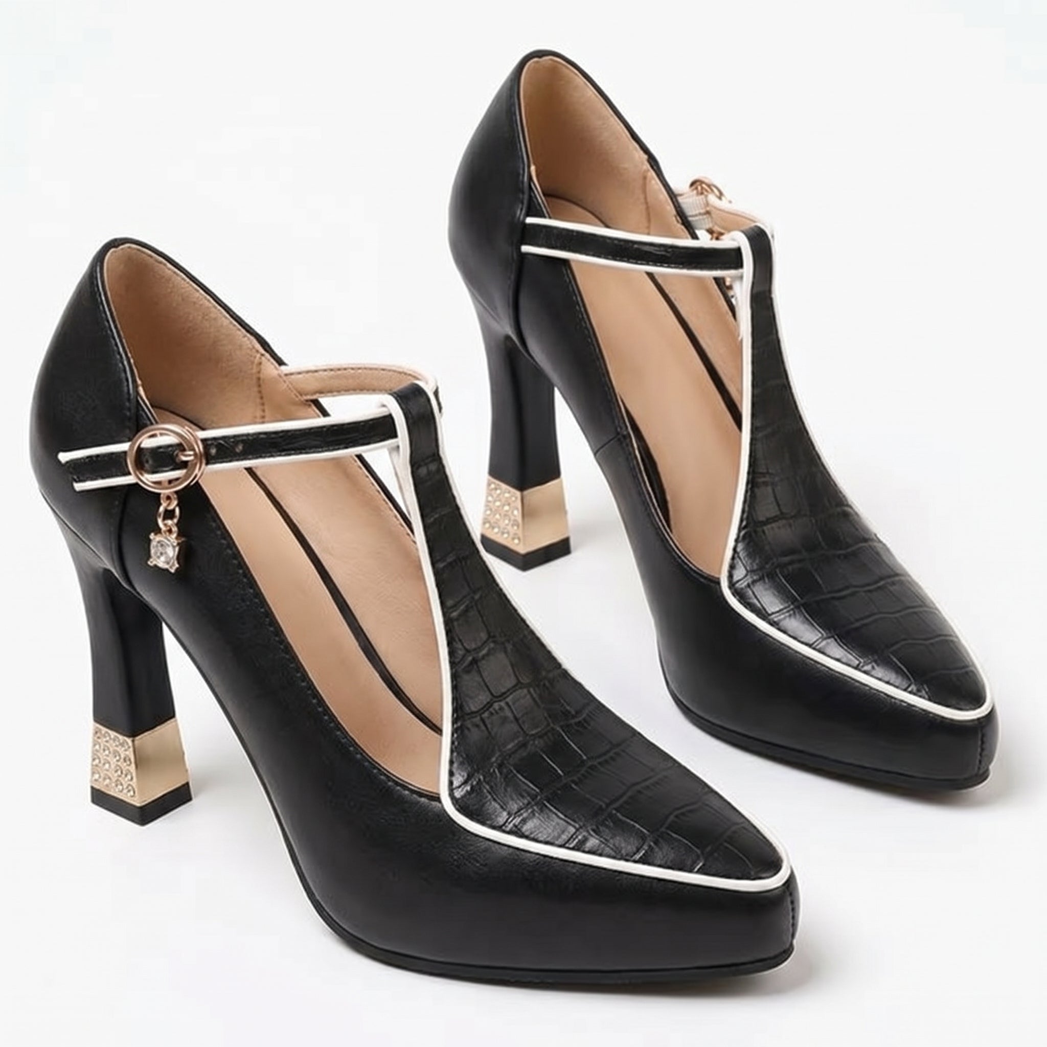 Evie - Women's T - Strap Block Heels - Sandal - Black - Taylor & Bennett