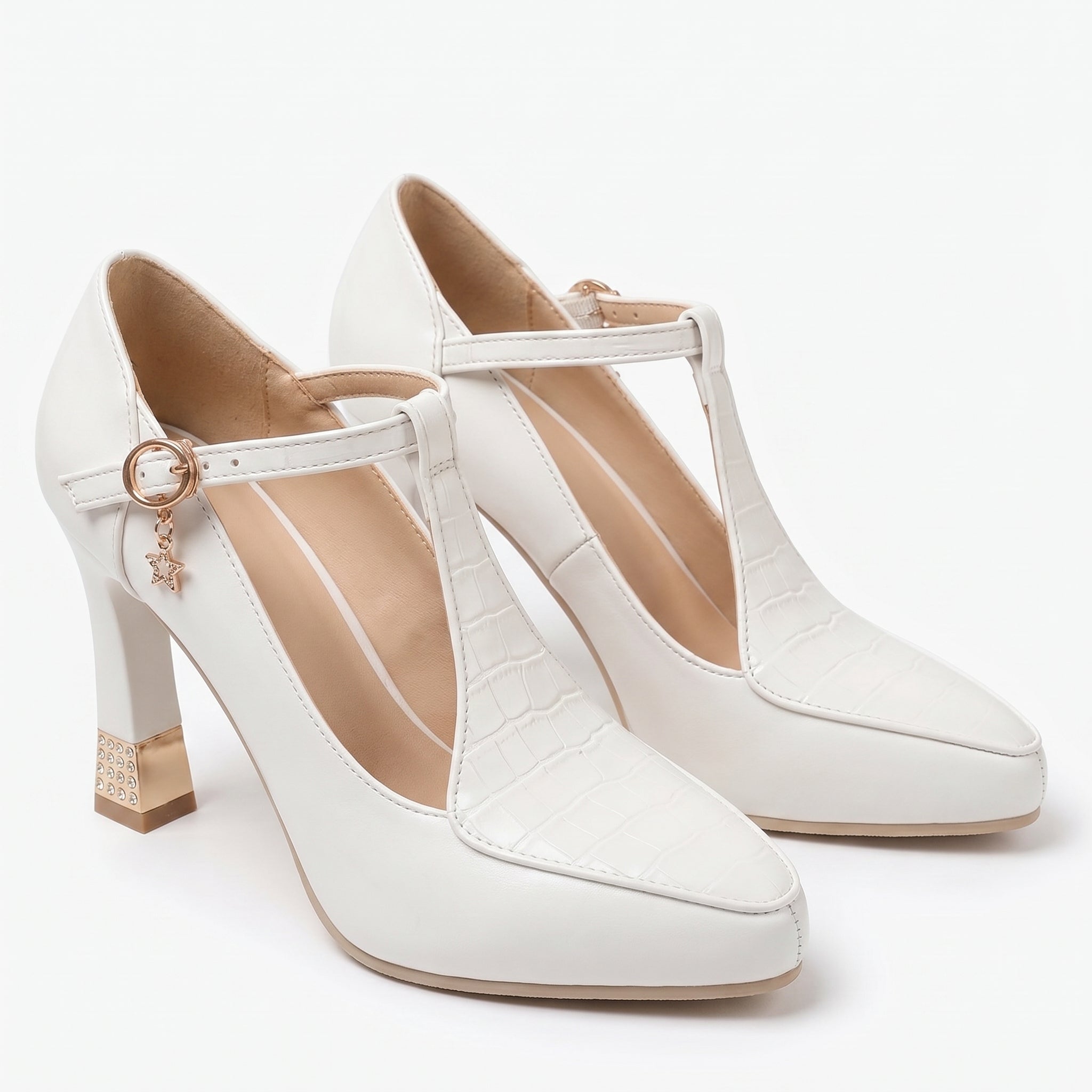 Evie - Women's T - Strap Block Heels - Sandal - White - Taylor & Bennett