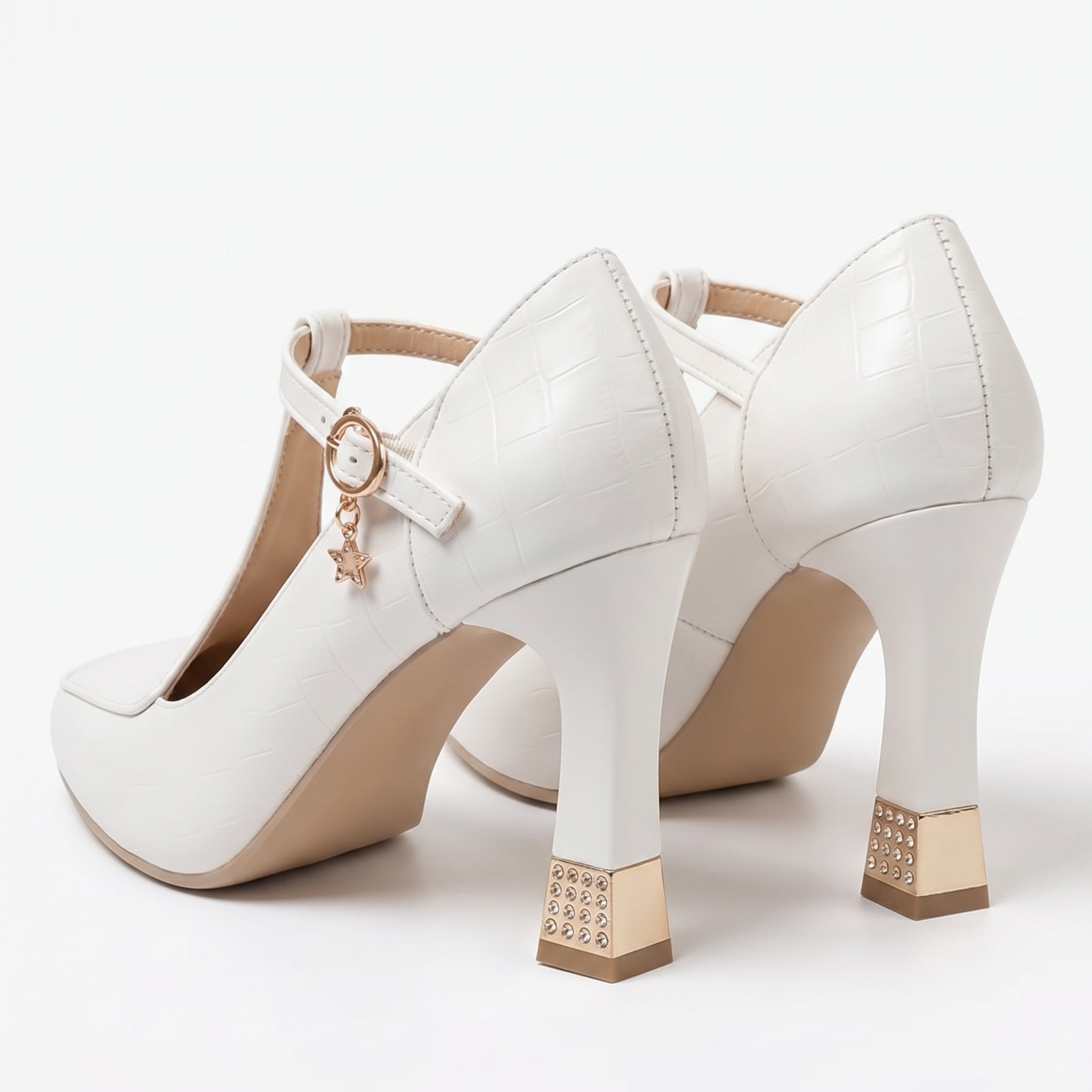 Evie - Women's T - Strap Block Heels - Sandal - White - Taylor & Bennett