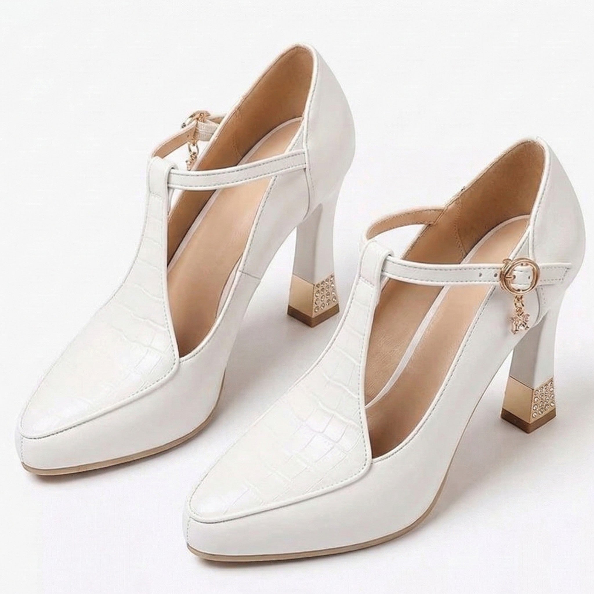 Evie - Women's T - Strap Block Heels with Square Toe - Sandal - White - Taylor & Bennett
