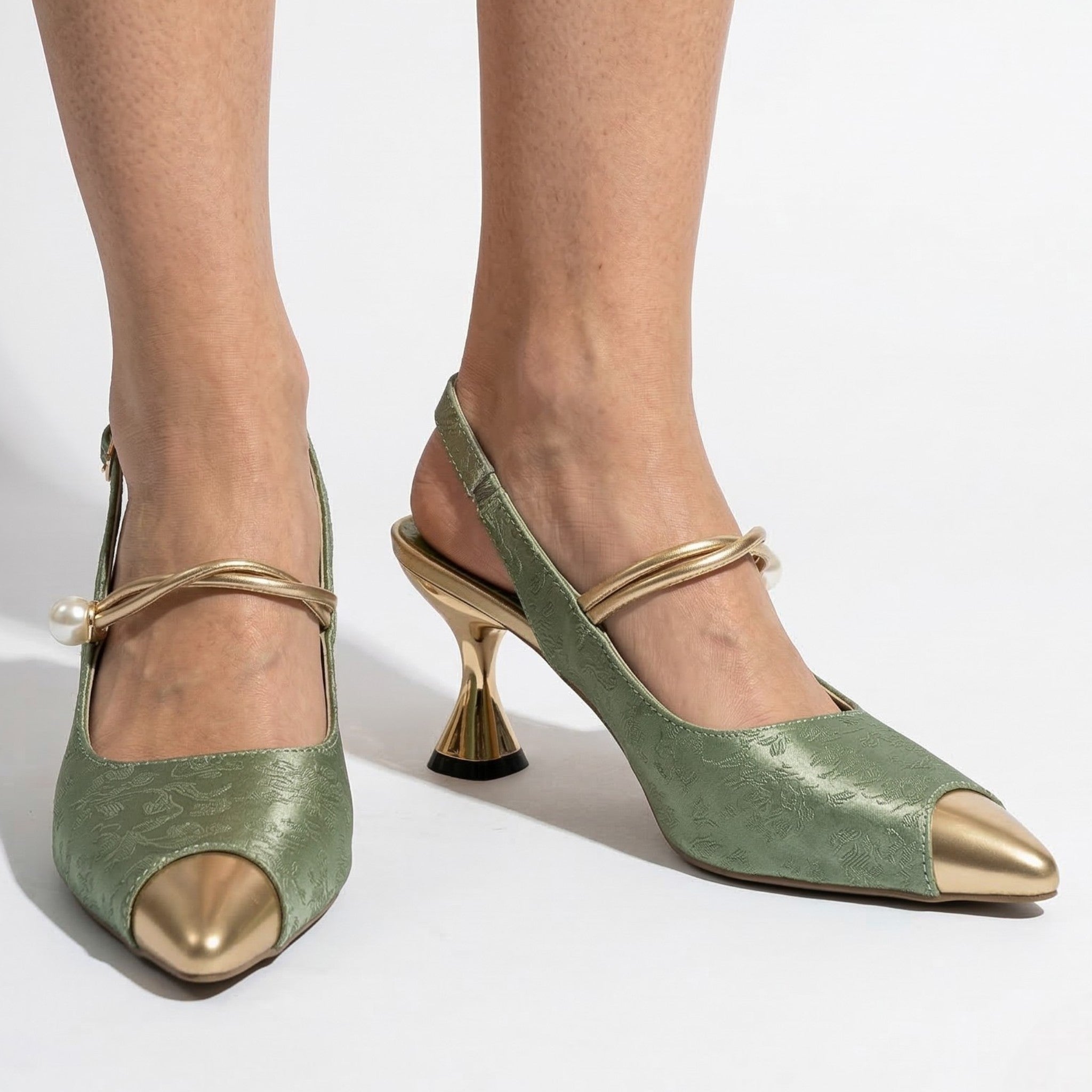 Flora - Women's Kitten Heels with Metallic Pointed Toe and Pearl Strap - Sandal - Green - Taylor & Bennett