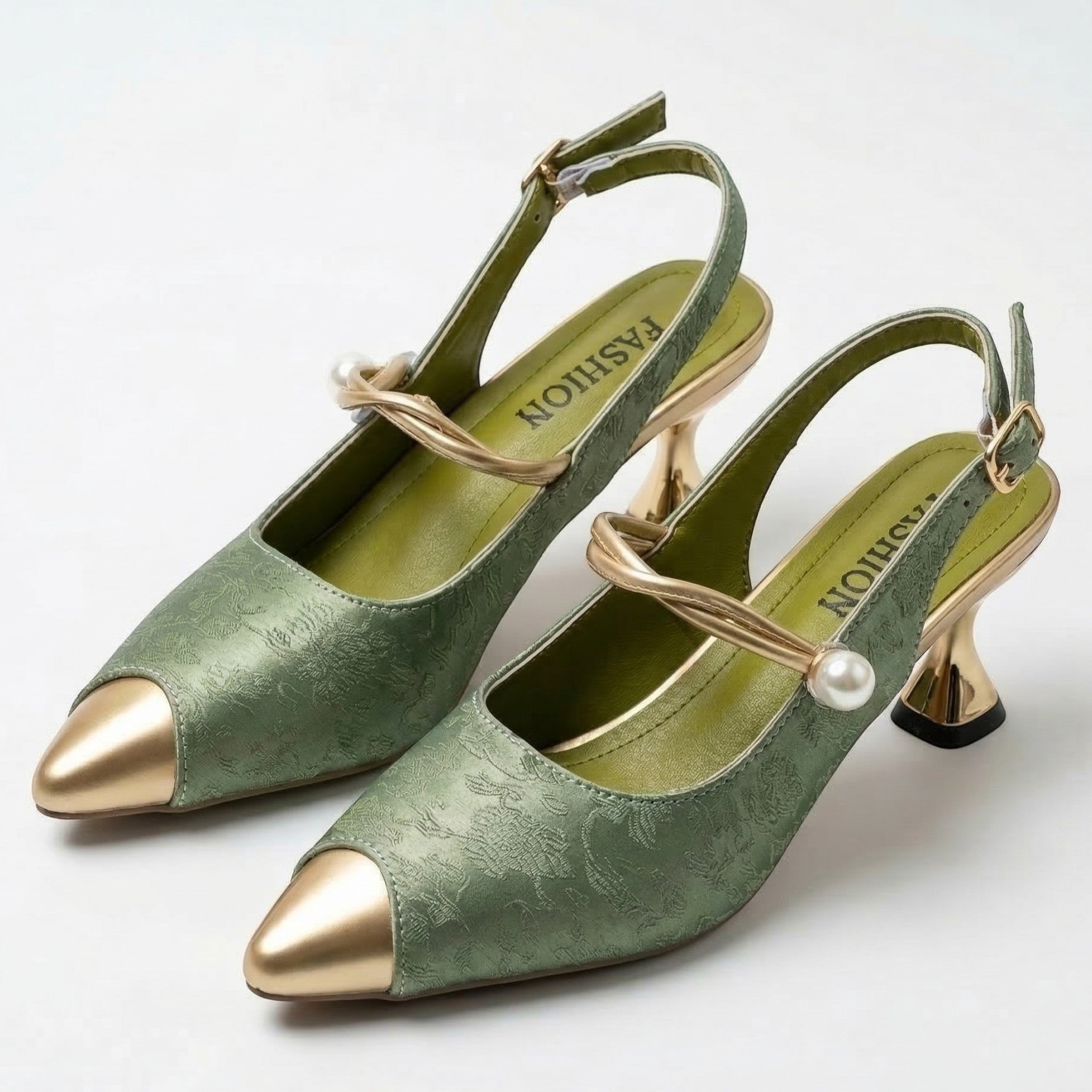 Flora - Women's Kitten Heels with Metallic Pointed Toe and Pearl Strap - Sandal - Green - Taylor & Bennett