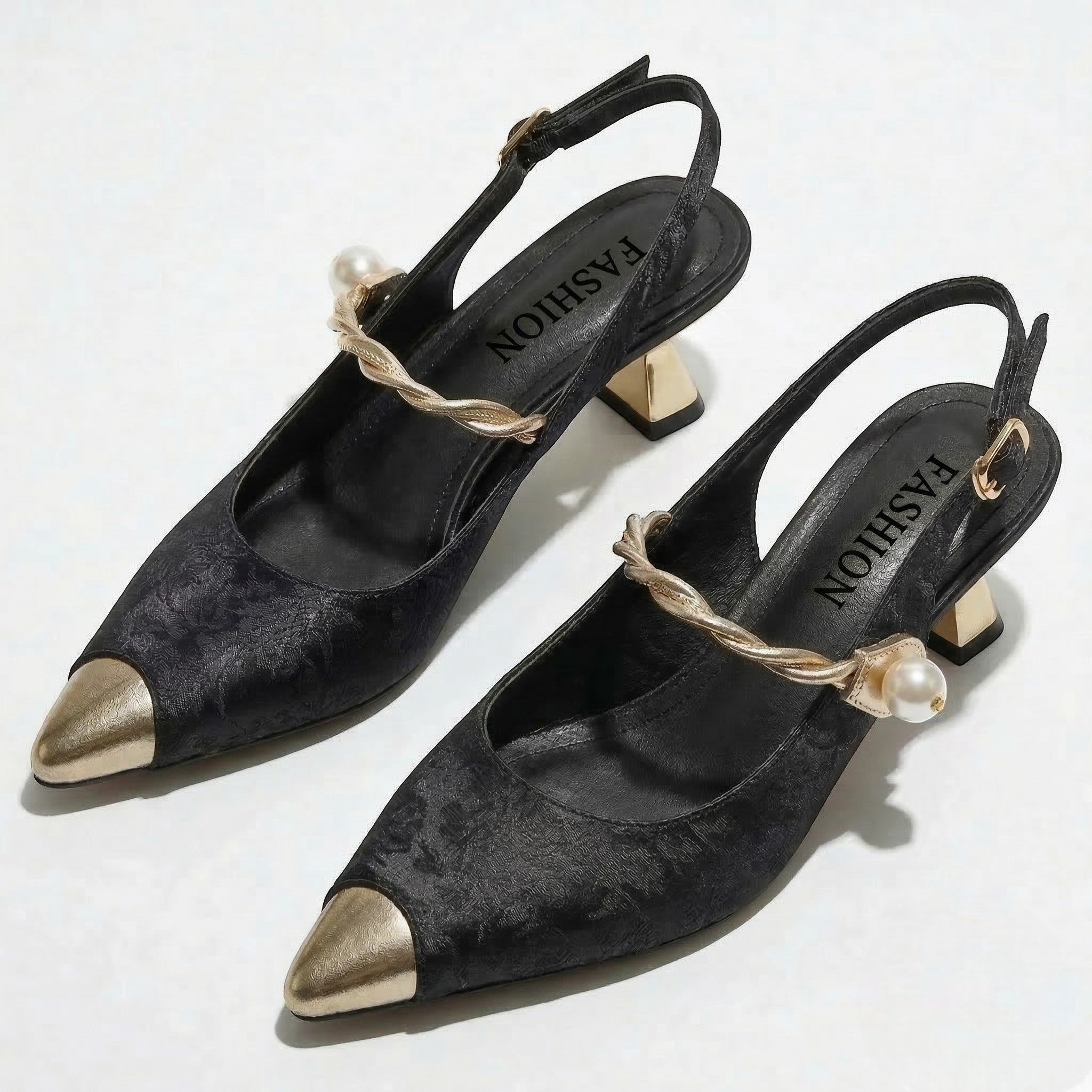 Flora - Women's Kitten Heels with Metallic Pointed Toe and Pearl Strap - Sandal - Black - Taylor & Bennett