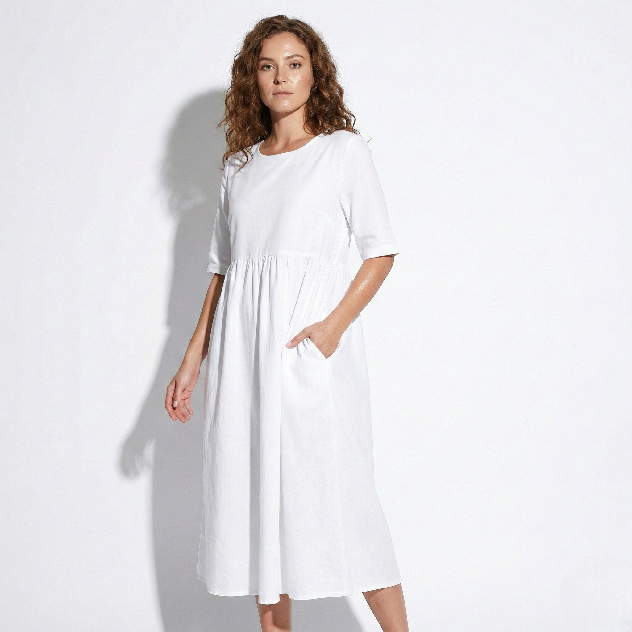 Florence - Women's Breathable Midi Dress with Functional Pockets - Dress - White - Taylor & Bennett