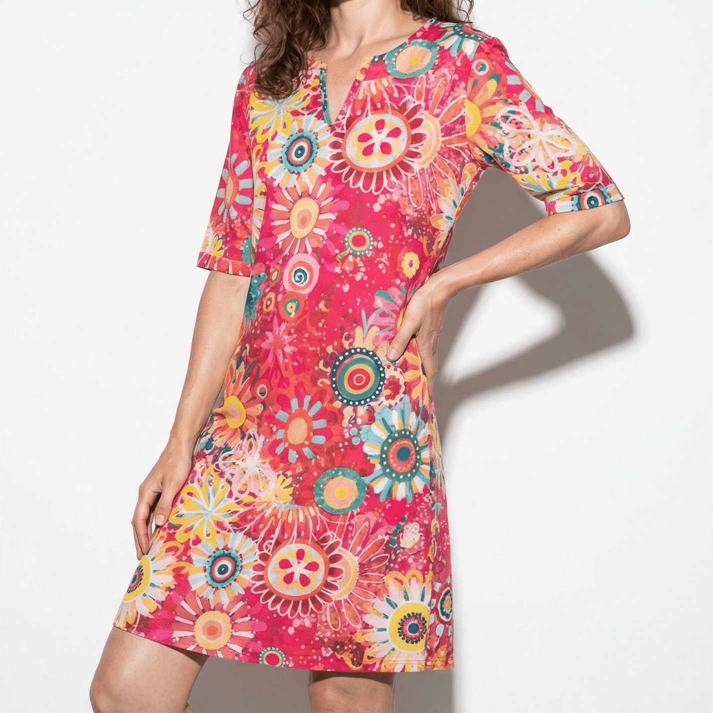 Florence - Women's Floral V - Neck Summer Mini Dress - Women Dress - Pink - Taylor & Bennett