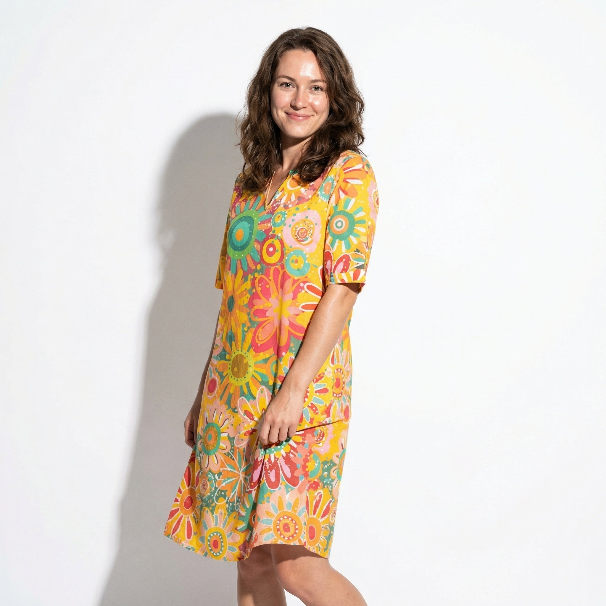 Florence - Women's Floral V - Neck Summer Mini Dress - Women Dress - Yellow - Taylor & Bennett