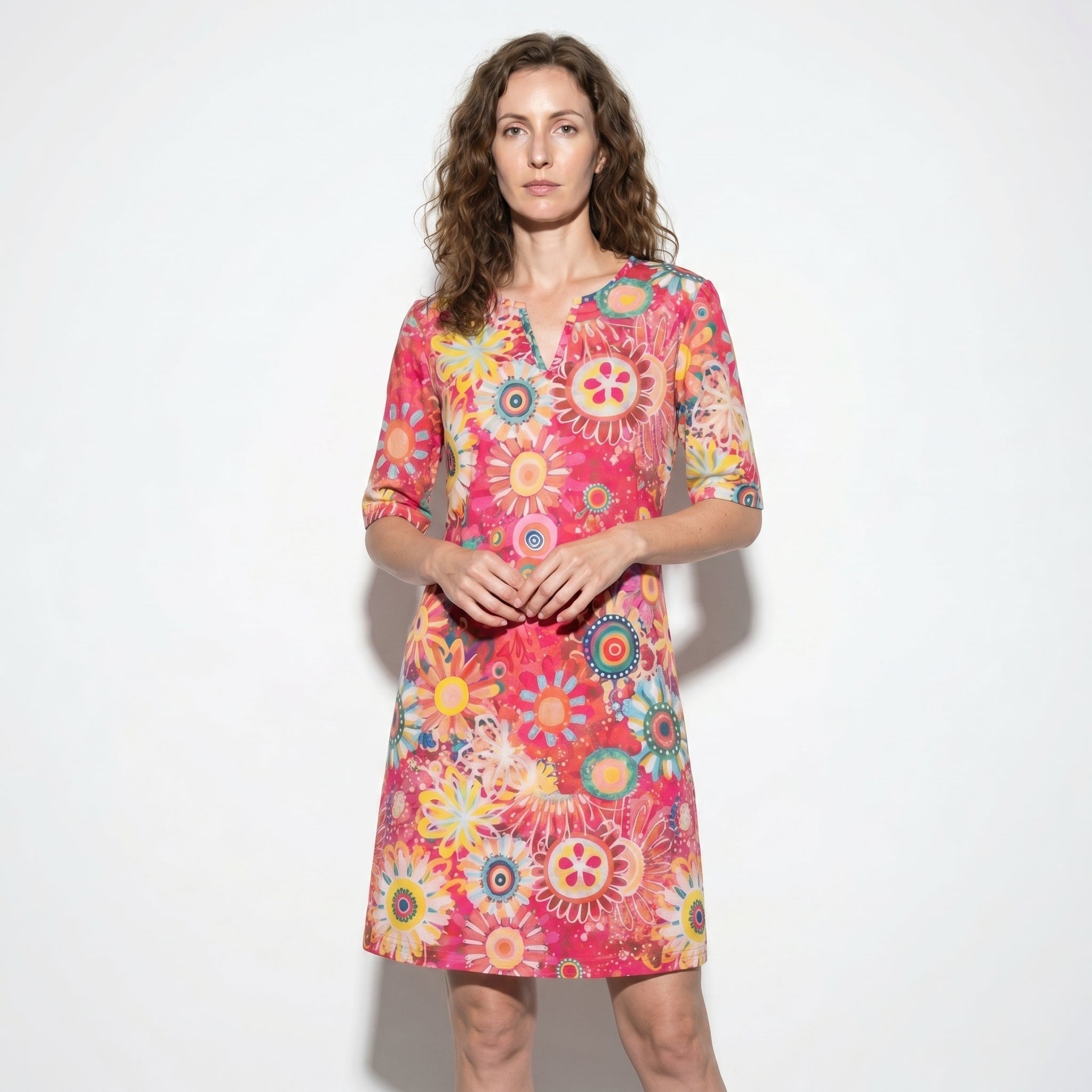 Florence - Women's Floral V - Neck Summer Mini Dress - Women Dress - Pink - Taylor & Bennett
