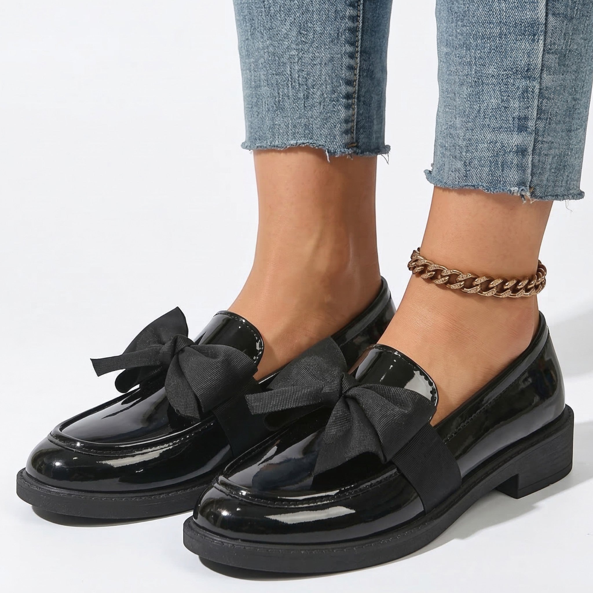 Florence - Women's Platform Loafers with Bow Detail - Loafers - Glossy Black - Taylor & Bennett