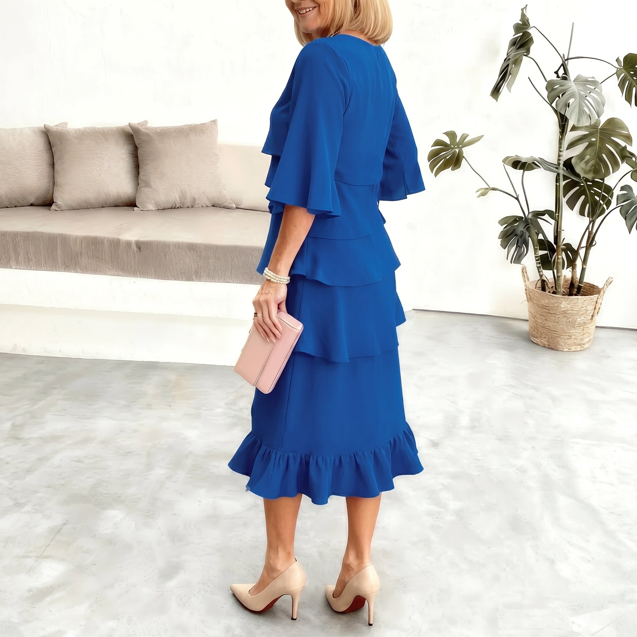 Frances - Women's Casual Tiered Ruffle Midi Dress - Midi Dress - Blue - Taylor & Bennett