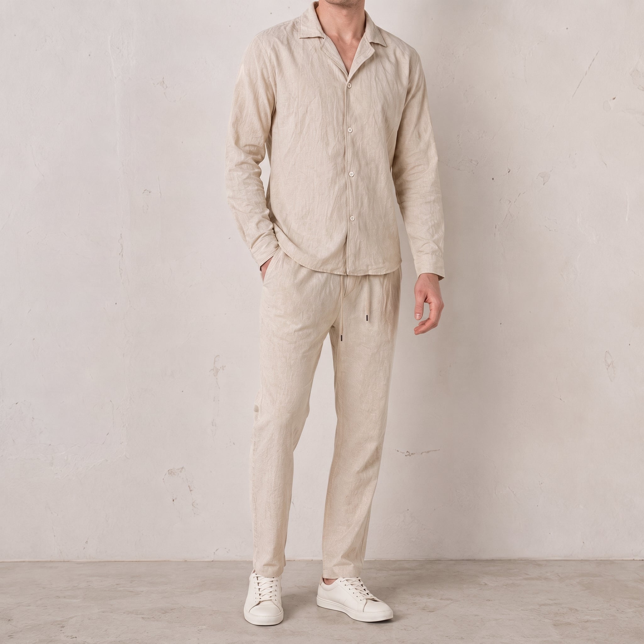 Frederick - Men's Summer Cuban Collar Tapered Cotton Co-ord Set - Outfit Sets - Beige - Taylor & Bennett
