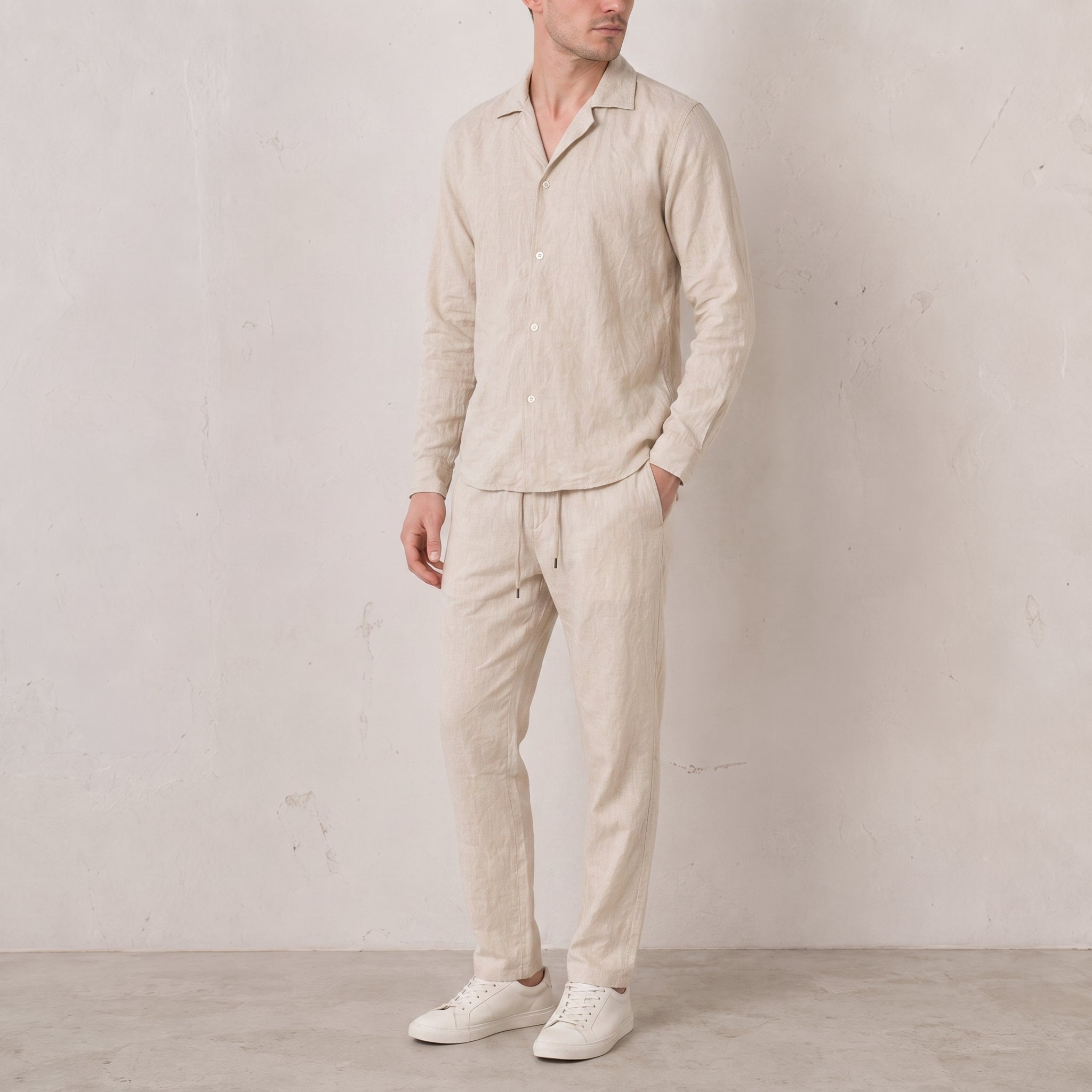 Frederick - Men's Summer Cuban Collar Tapered Cotton Co-ord Set - Outfit Sets - Beige - Taylor & Bennett