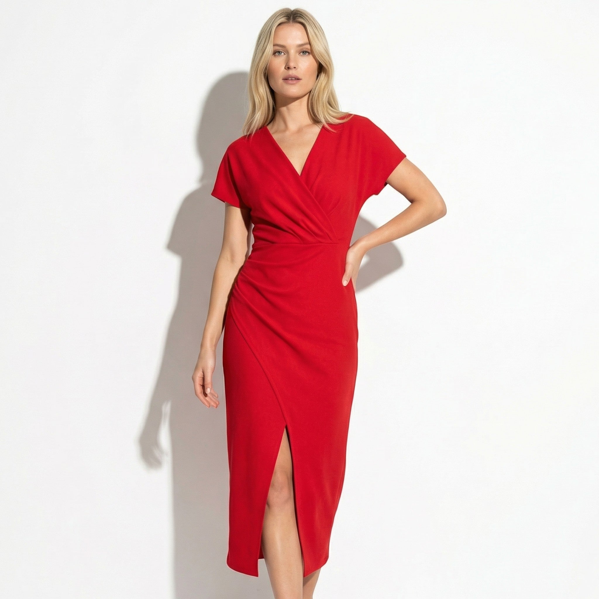 Freya - Women's Ruched Bodycon Casual Midi Dress - Dresses - Red - Taylor & Bennett
