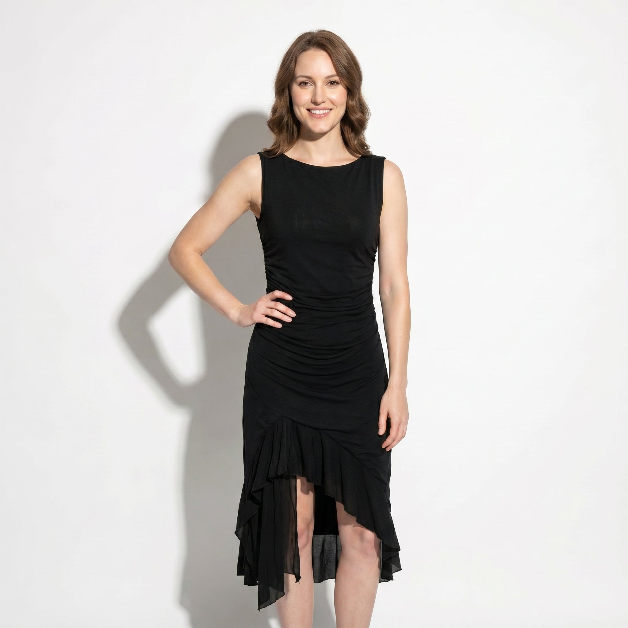 Freya - Women's Ruched Sleeveless Party Midi Dress - Midi Dresses - Black - Taylor & Bennett