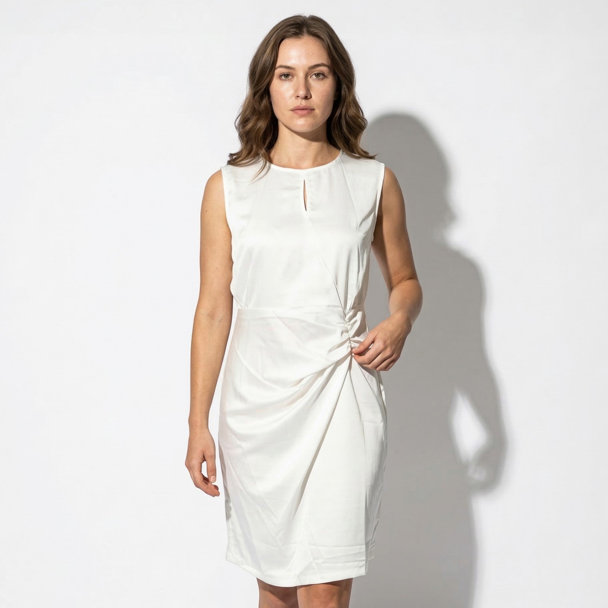 Freya - Women's Sleeveless Mini Dress with Side Draping - Mini Dresses - White - Taylor & Bennett