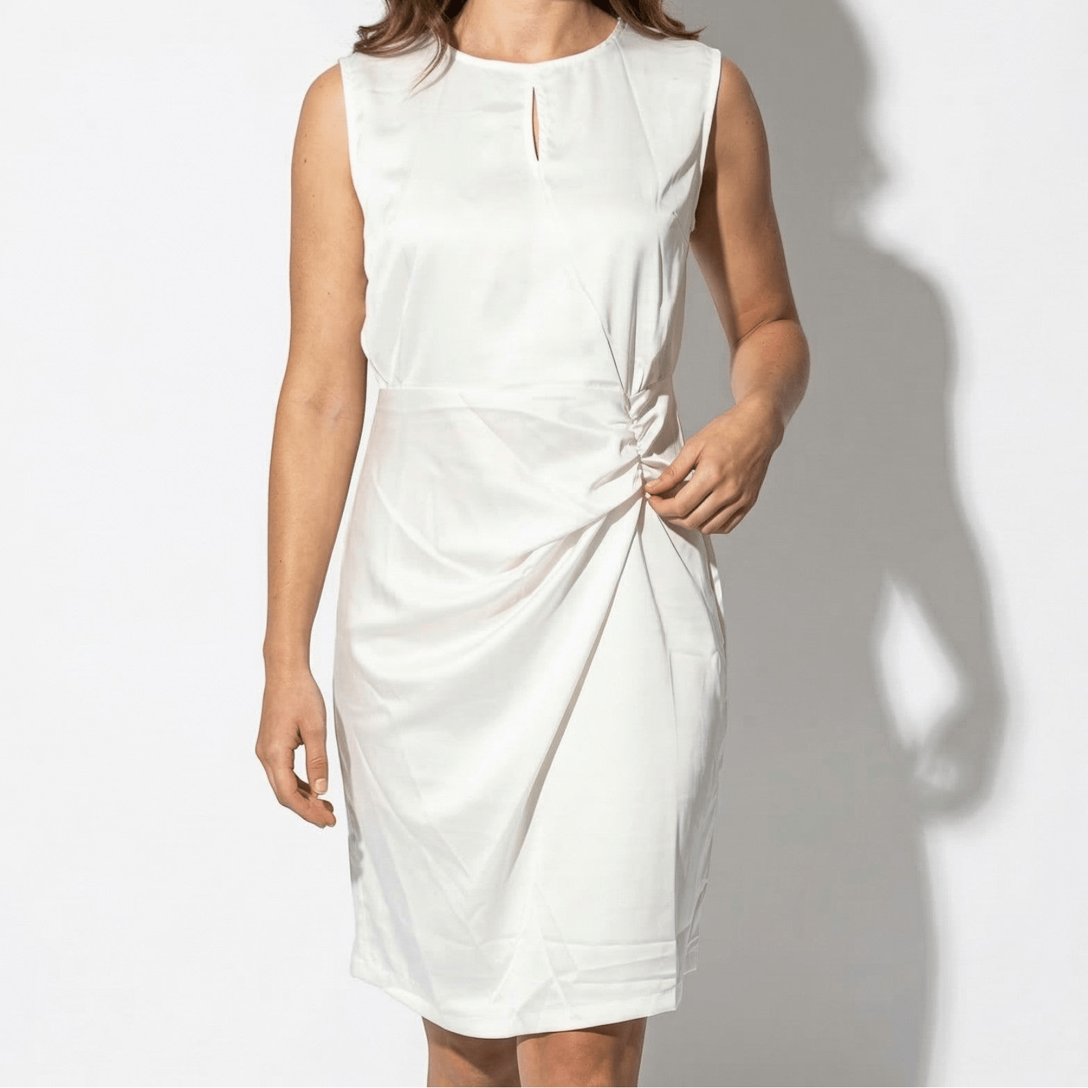 Freya - Women's Sleeveless Mini Dress with Side Draping - Mini Dresses - White - Taylor & Bennett
