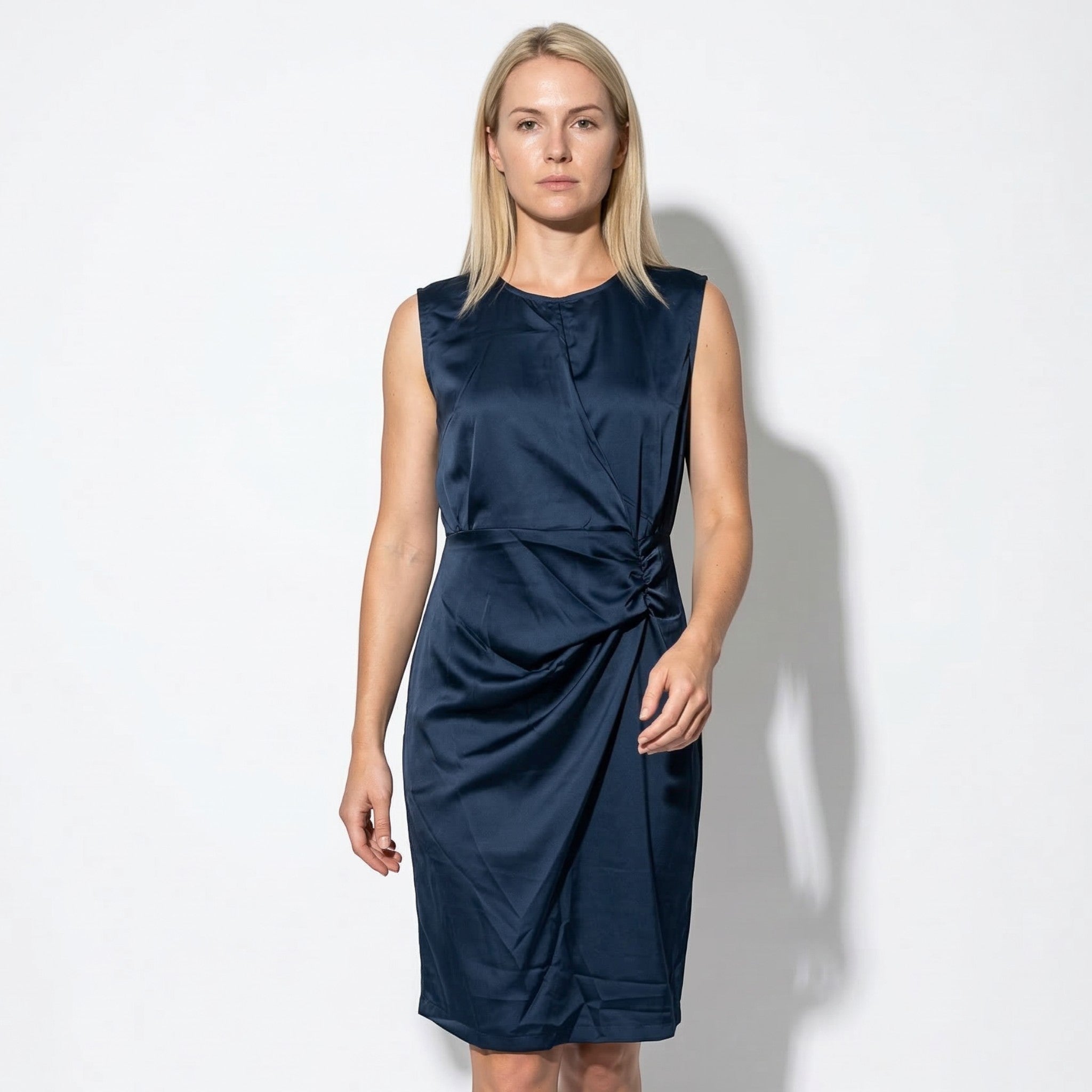 Freya - Women's Sleeveless Mini Dress with Side Draping - Mini Dresses - Dark Blue - Taylor & Bennett