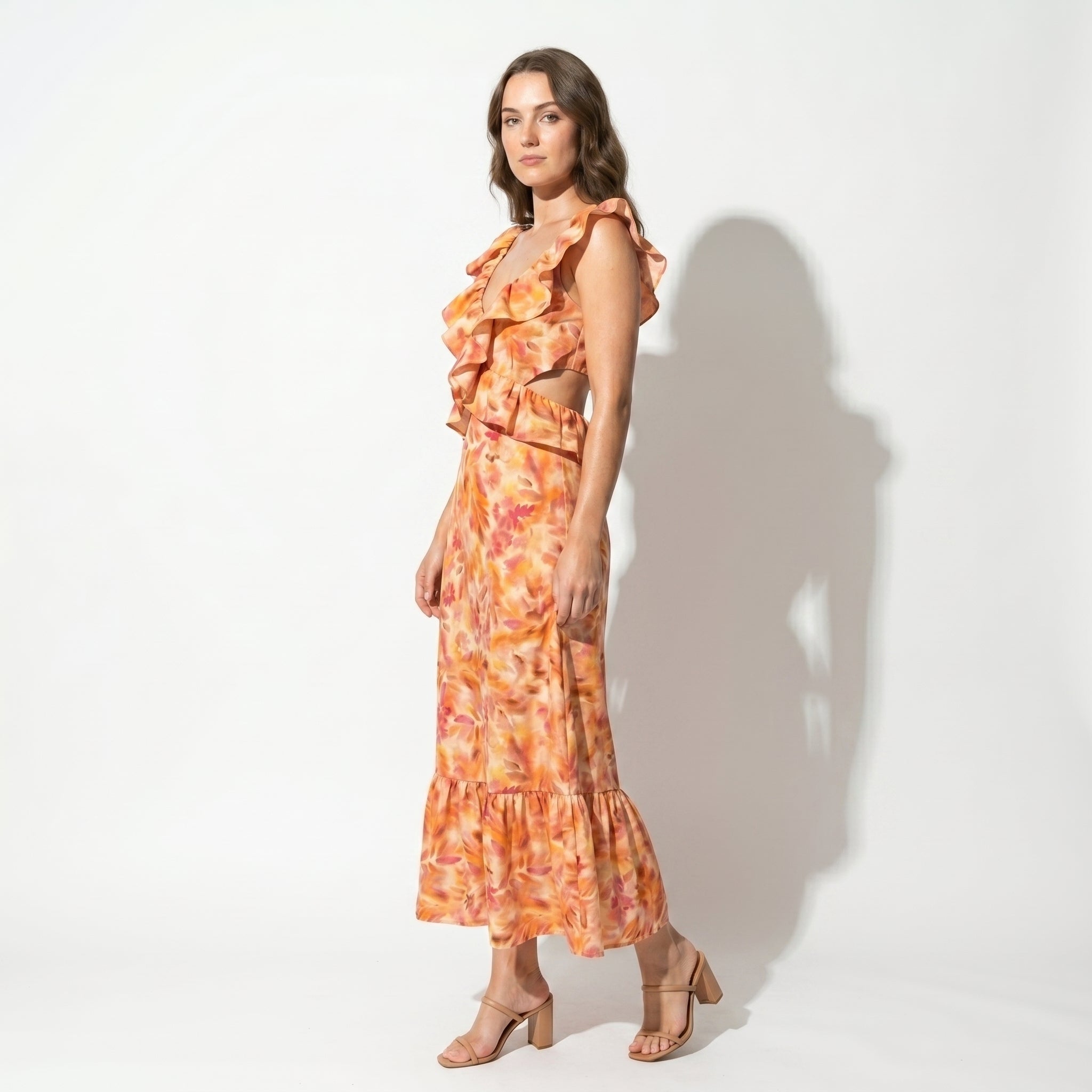 Freya - Women's Summer Floral Ruffled Maxi Dress - Maxi Dress - Orange - Taylor & Bennett